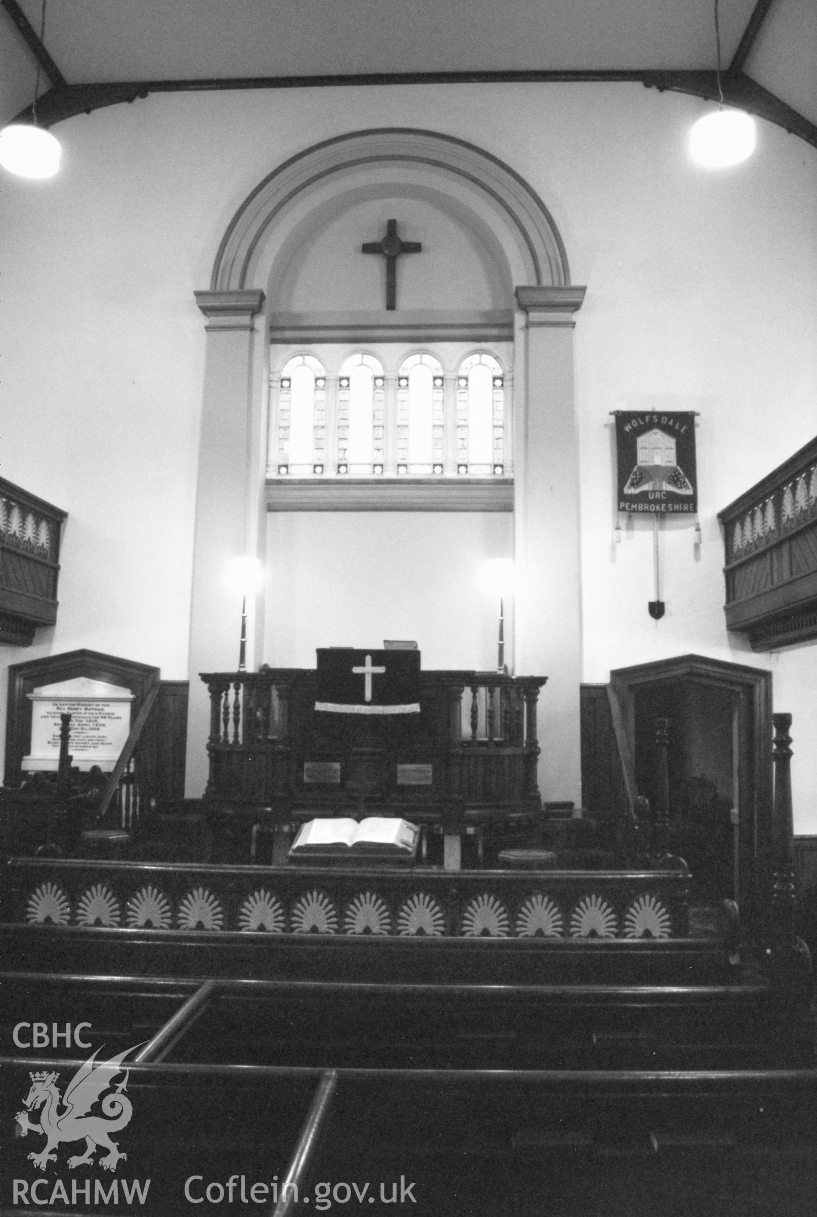 Digital copy of a black and white photograph showing exterior view of Bethel Independent Chapel, Wolfsdale, taken by Robert Scourfield, 1996.