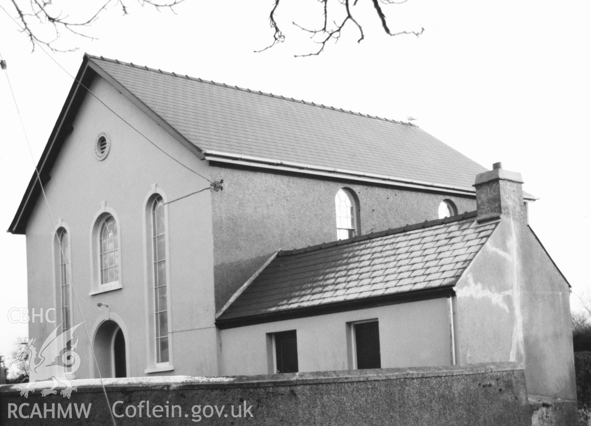 Digital copy of a black and white photograph showing exterior view of Templeton Congregational Chapel, taken by Robert Scourfield, 1996.