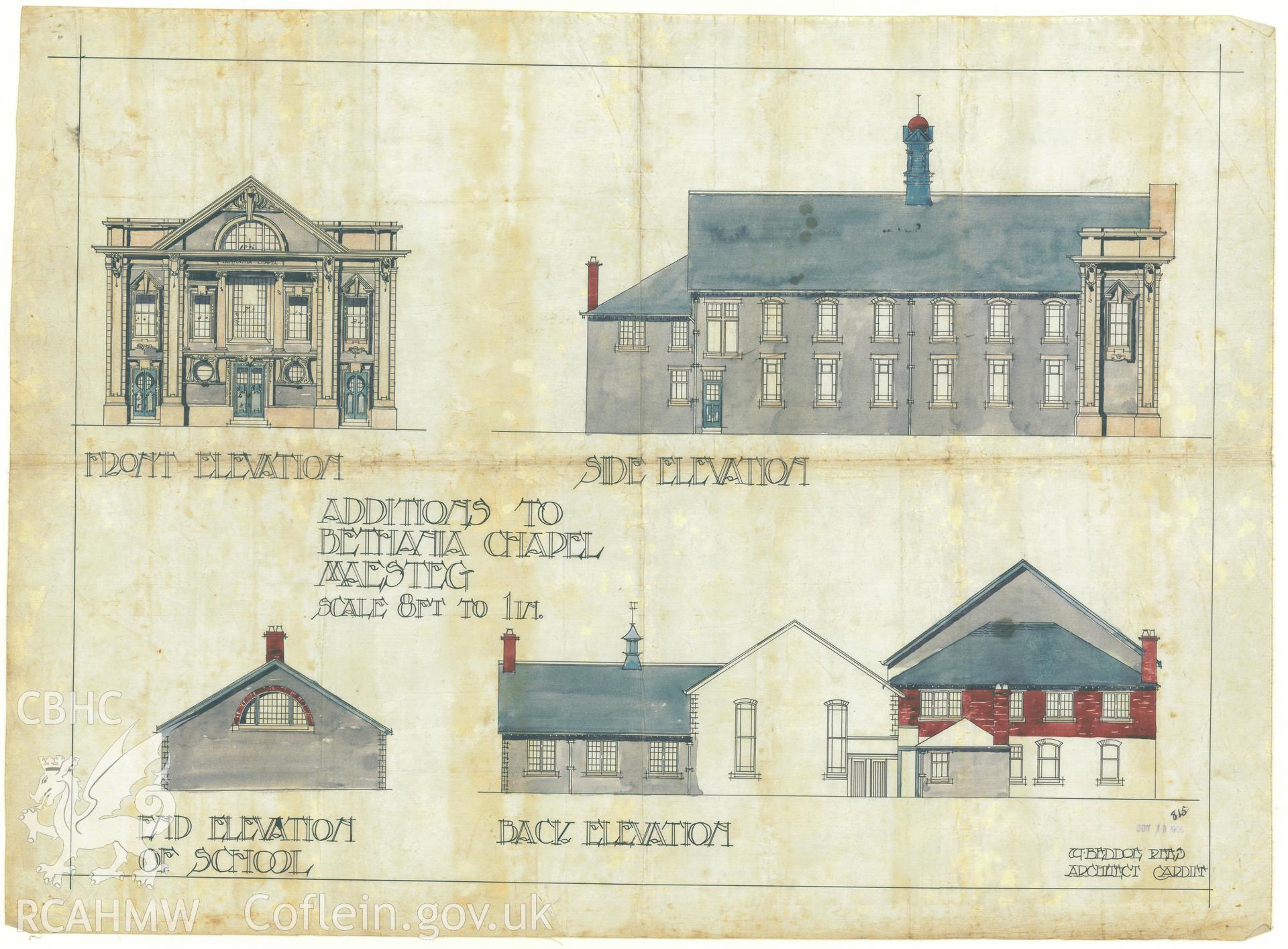 Digitized copy of a coloured pen and ink drawing by W. Beddoe Rees, dated 1906, showing elevation views of Bethania Chapel, Maesteg. One of a set of original architectural drawings of Bethania Chapel, Maesteg, loaned for copying by their owners, the Welsh Religious Buildings Trust. The original drawings are held by the Glamorgan Record Office.