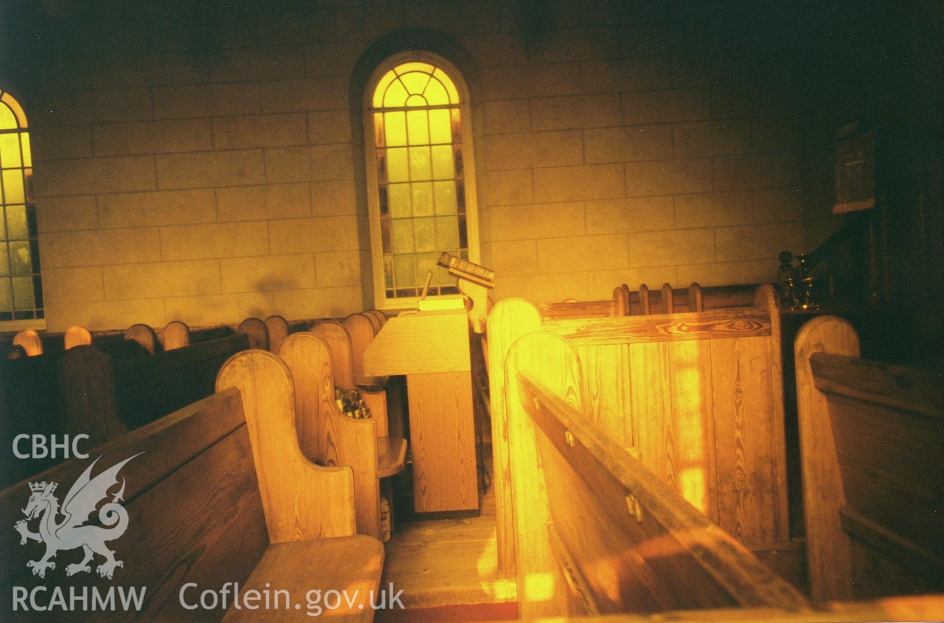 Digital copy of a colour photograph showing an interior view of Bethel Calvinistic Methodist Chapel, Puncheston,  taken by Robert Scourfield, 1995.