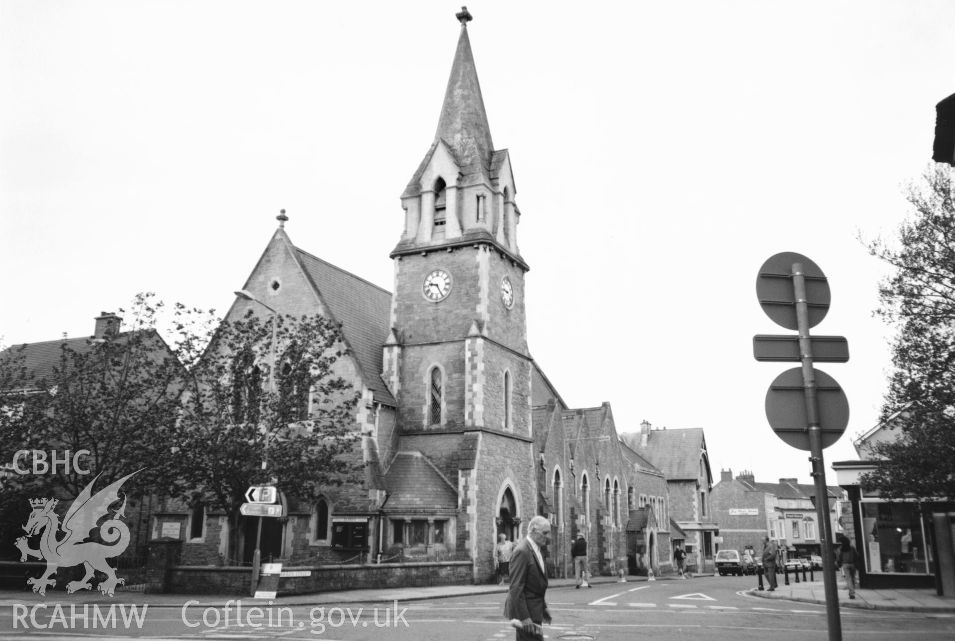 Digital copy of a black and white photograph showing exterior view of St. Johns English Congregational Chapel, Tenby, taken by Robert Scourfield, 1996.