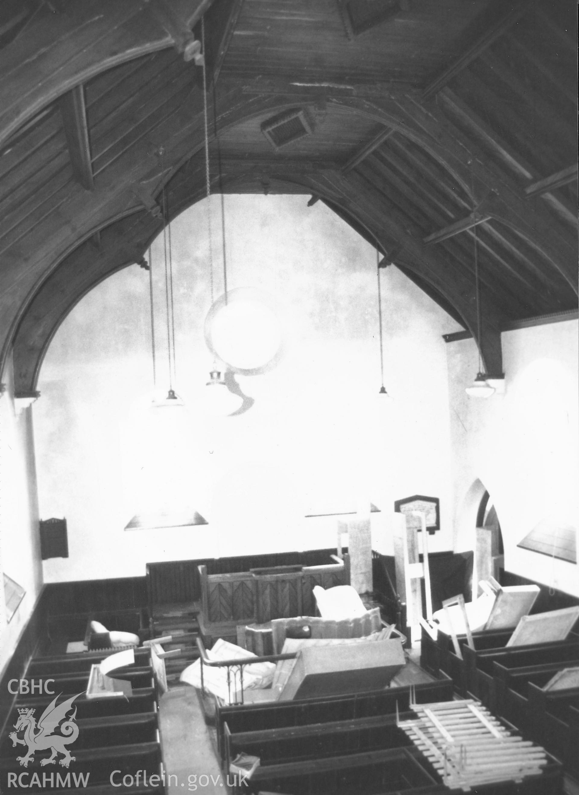 Digital copy of a black and white photograph showing an interior view of Tabernacle Congregational Chapel, Tenby, taken by Robert Scourfield, 1995.