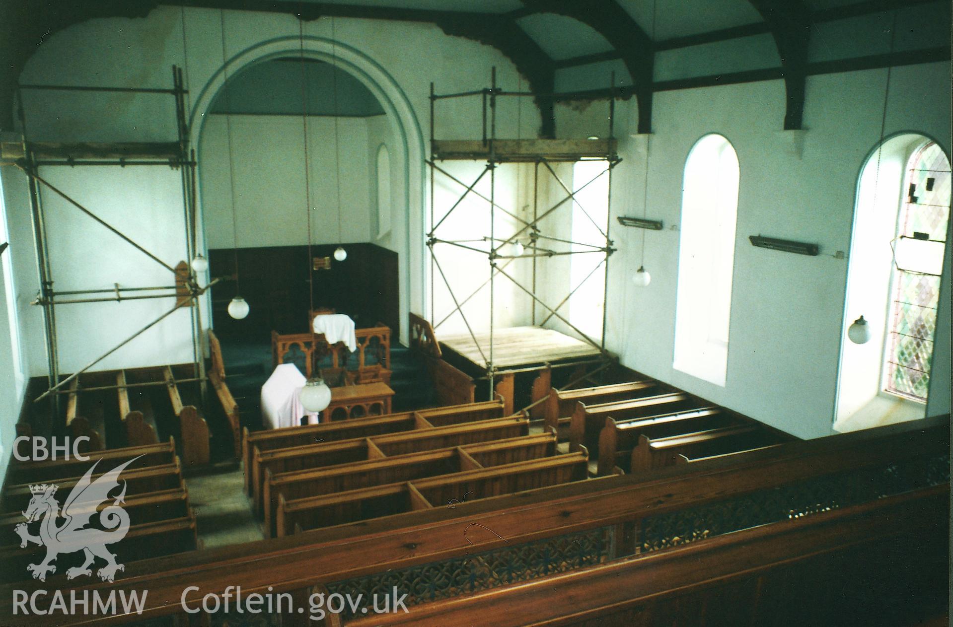 Digital copy of a colour photograph showing an interior view of Laugharne Congregational Chapel,  taken by Robert Scourfield, 1995.