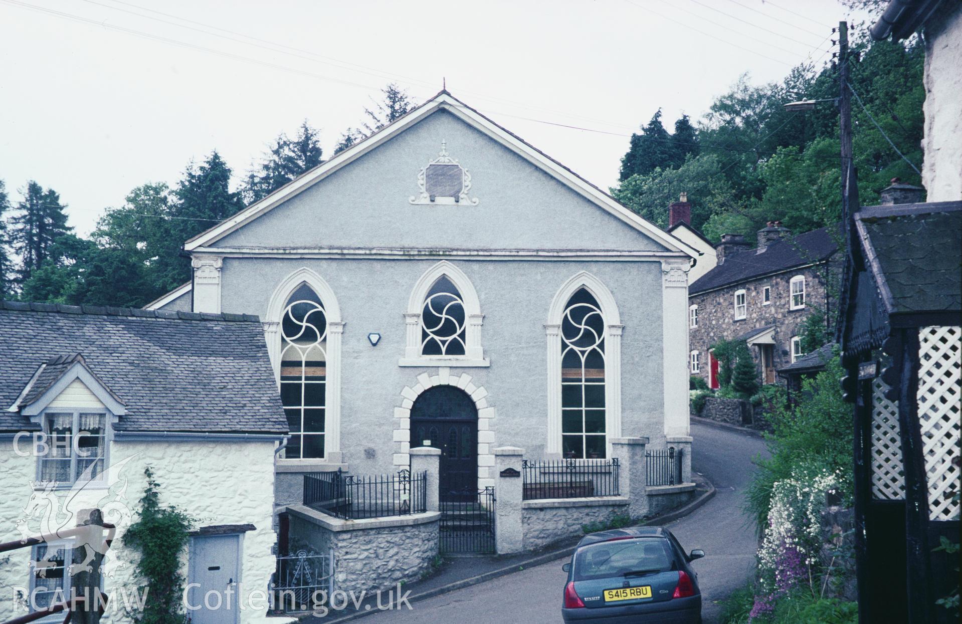 Digitised image copied from a colour slide of Tabernacle Independant Chapel, Llanrhaedr ym Mochnant,  taken by Stephen Hughes. Slide collection not yet passed to the Archive