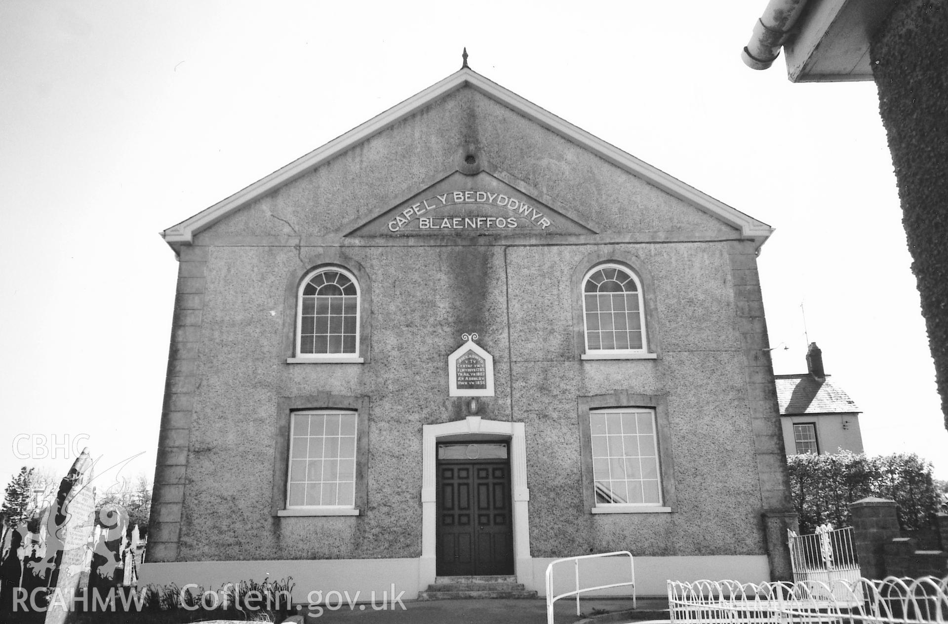 Digital copy of a black and white photograph showing a general view of Blaenffos Baptist Chapel, Boncath, taken by Robert Scourfield, 1995.