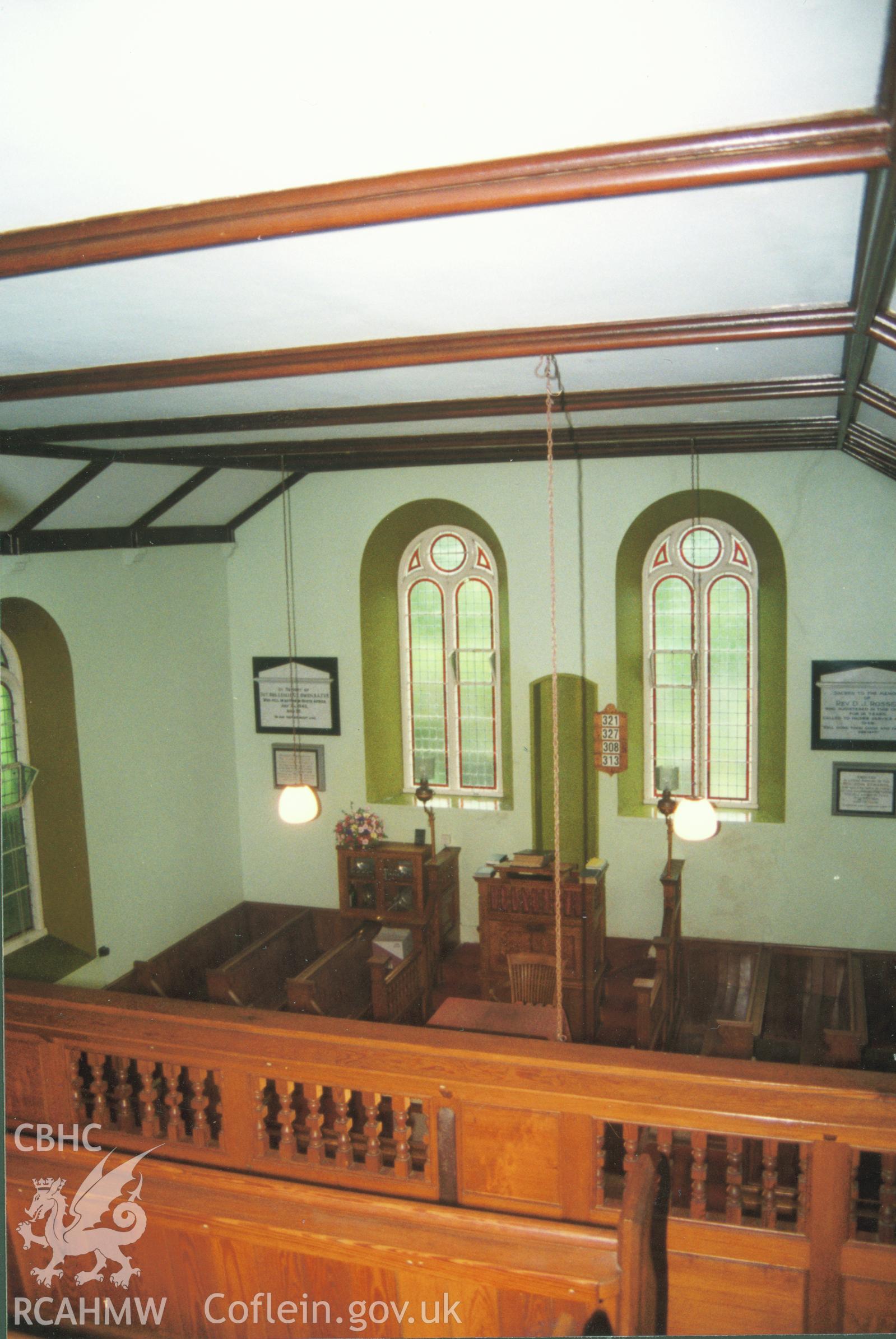Digital copy of a colour photograph showing an interior view of Glanrhyd English Baptist Chapel, Lampeter Velfrey, taken by Robert Scourfield, 1996.