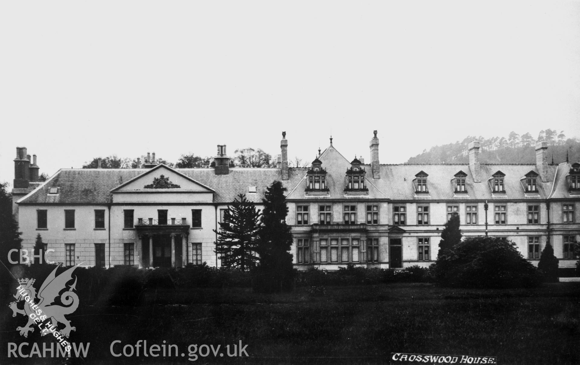 Trawscoed Mansion; B&W photo copied from an undated postcard loaned for copying by Thomas Lloyd.  Copy negative held.