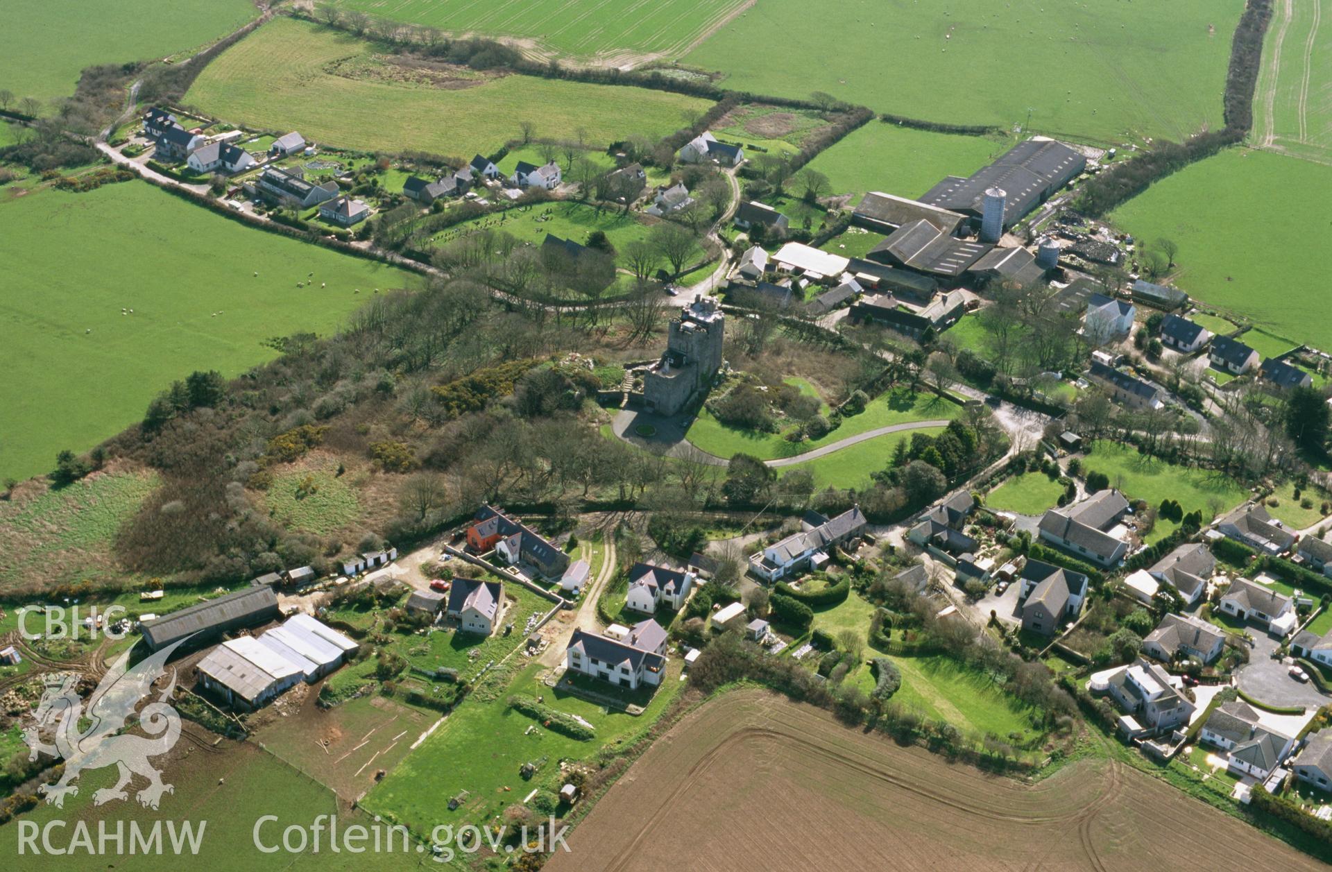 Slide of RCAHMW colour oblique aerial photograph of aerial view of Roch, taken by Toby Driver, 2002.