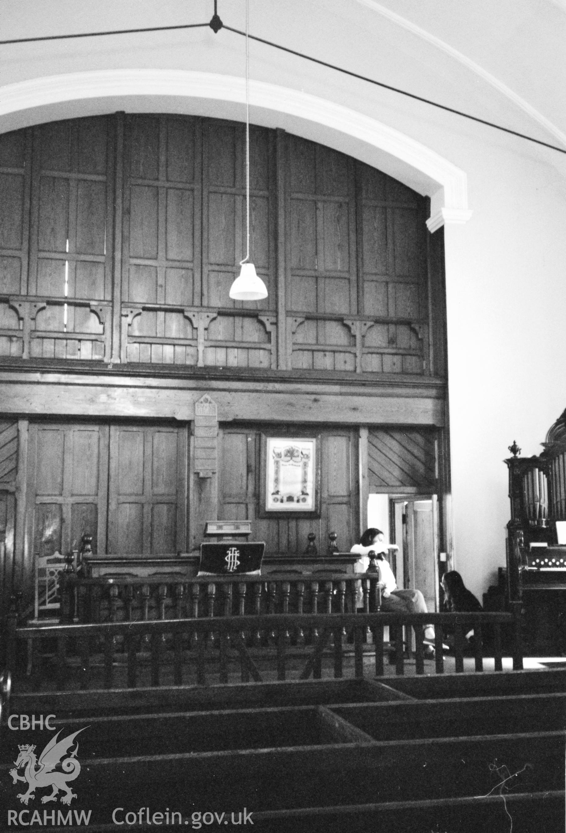 Digital copy of a black and white photograph showing an interior view of Wesley Methodist Church , Neyland, taken by Robert Scourfield, 1996.