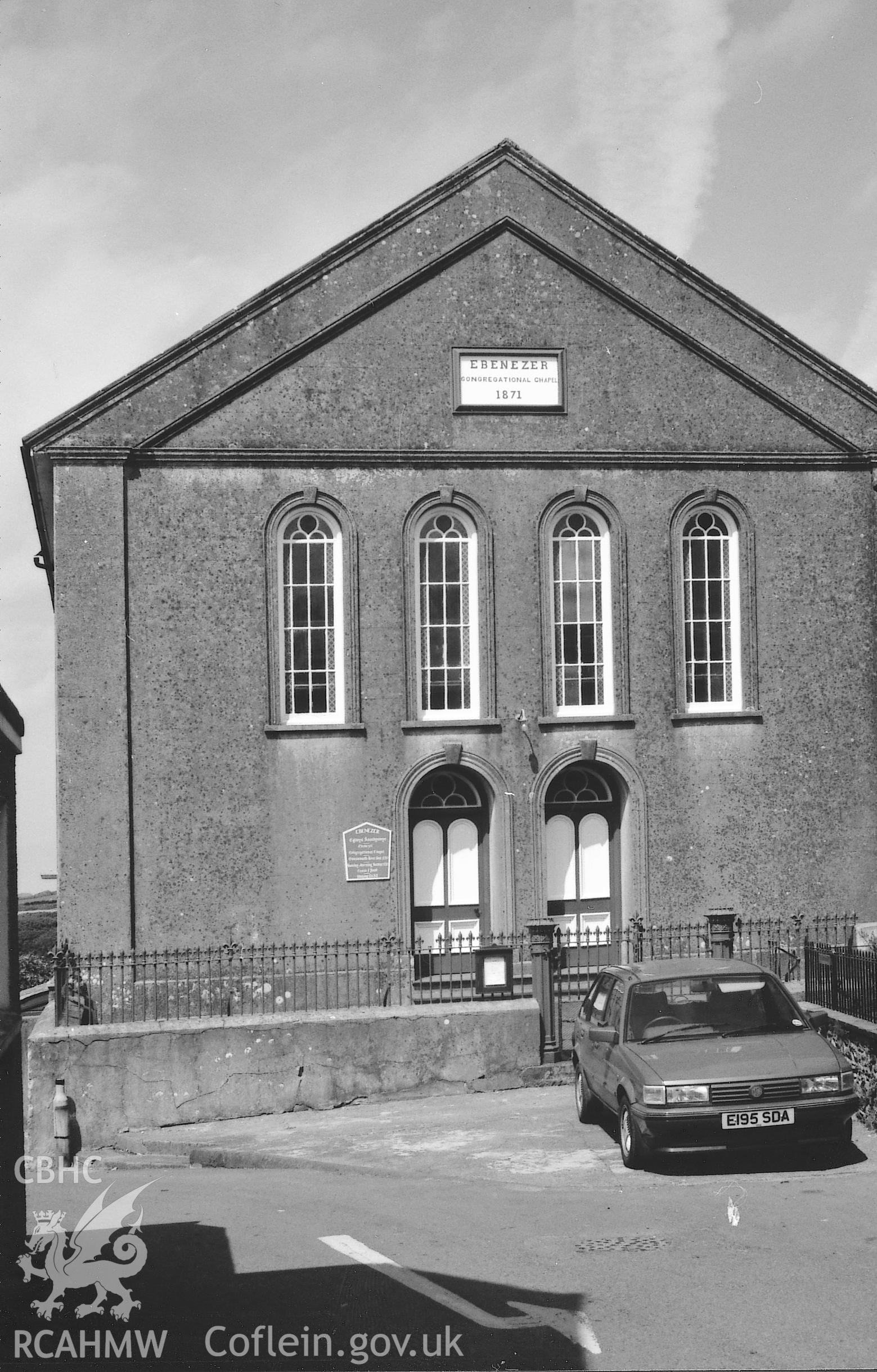 Digital copy of a black and white photograph showing an exterior view of Ebenezer Independent Chapel, St David's,  taken by Robert Scourfield, 1995.