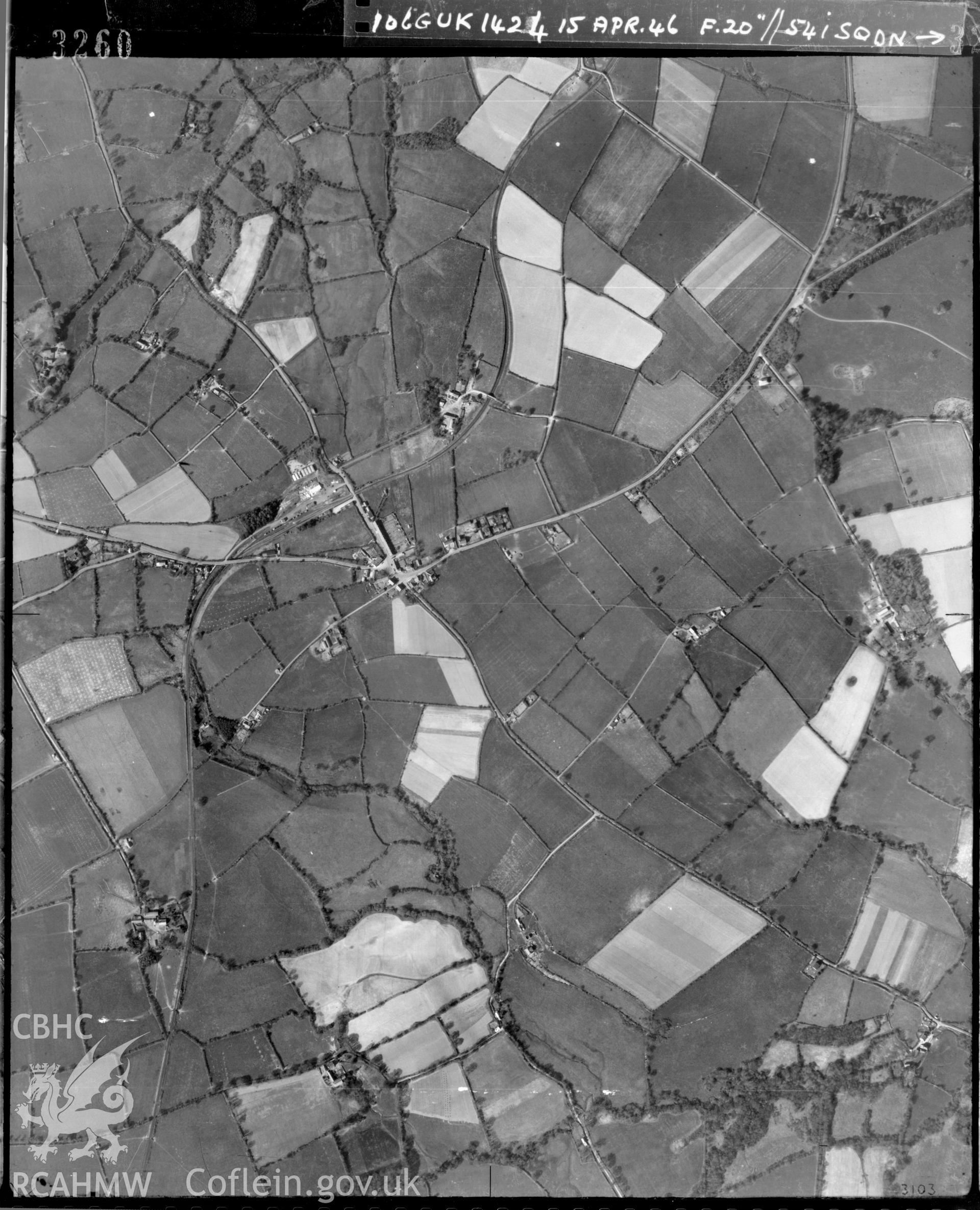 Black and white vertical aerial photograph taken by the RAF on 15/04/1946 centred on SN20693822 at a scale of 1:10000. The photograph includes part of Boncath community in Pembrokeshire.