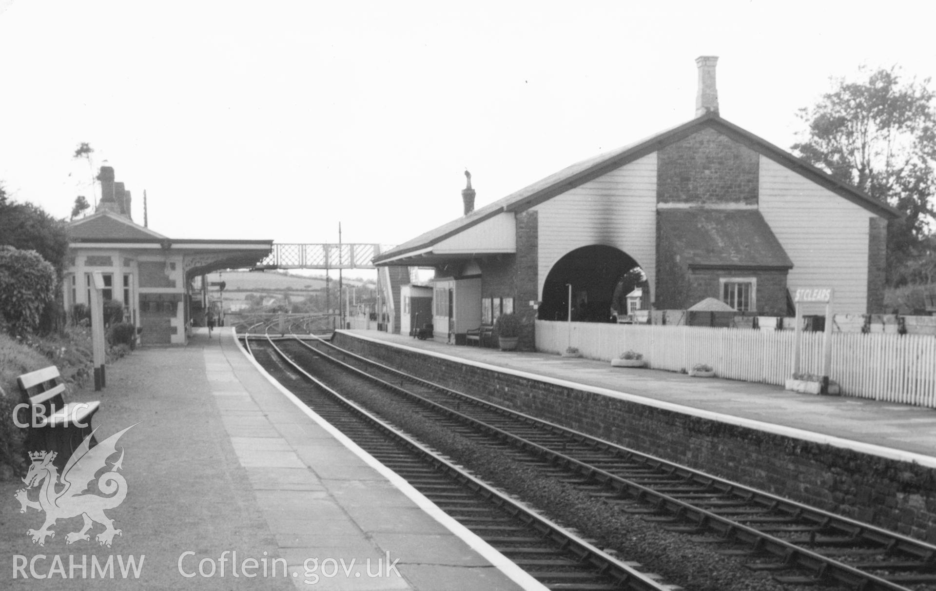 Black and white postcard showing general view of St Clears Railway Station, from the Rokeby Collection Album Vol III, 28b