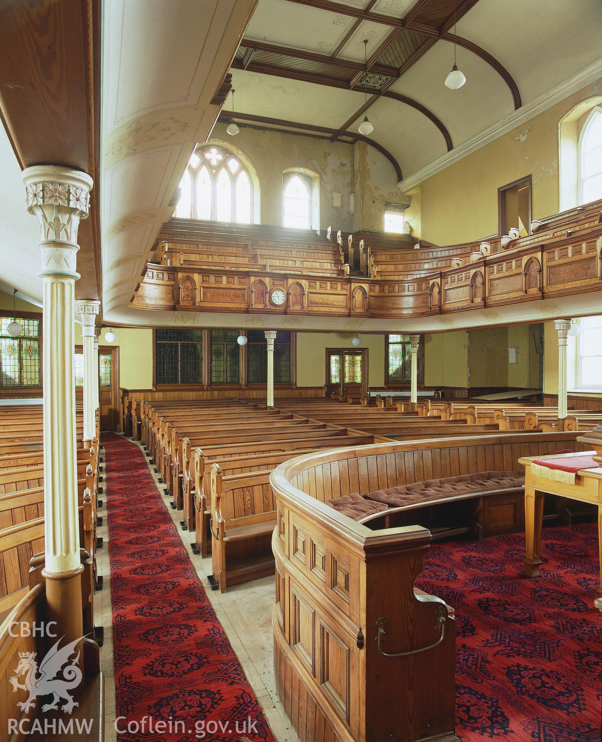 RCAHMW colour transparency showing interior view of Bryn Seion Chapel, Glanamman.