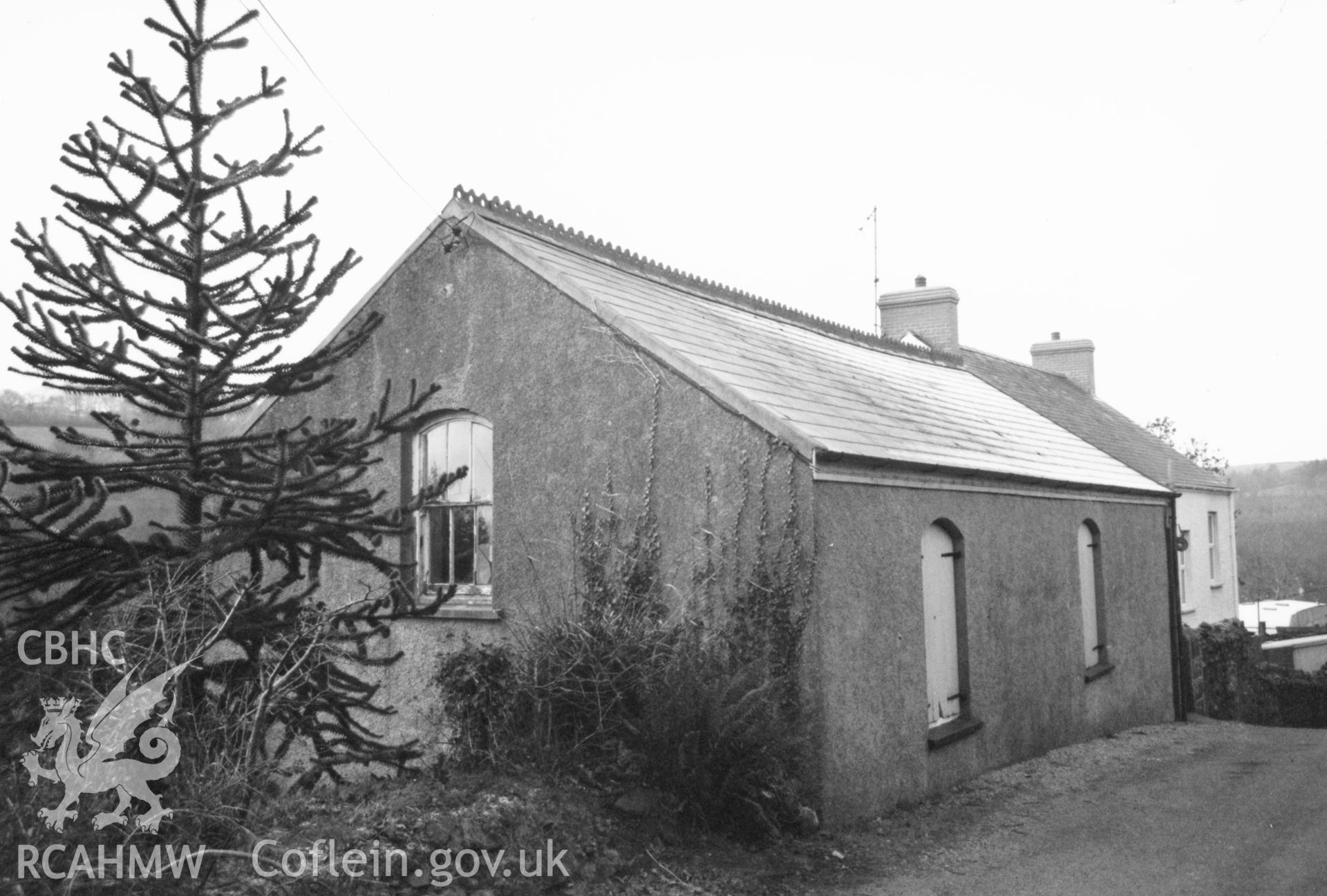Digital copy of a black and white photograph showing exterior view of Elim Congregational Sunday School, Stepaside, taken by Robert Scourfield, 1996.