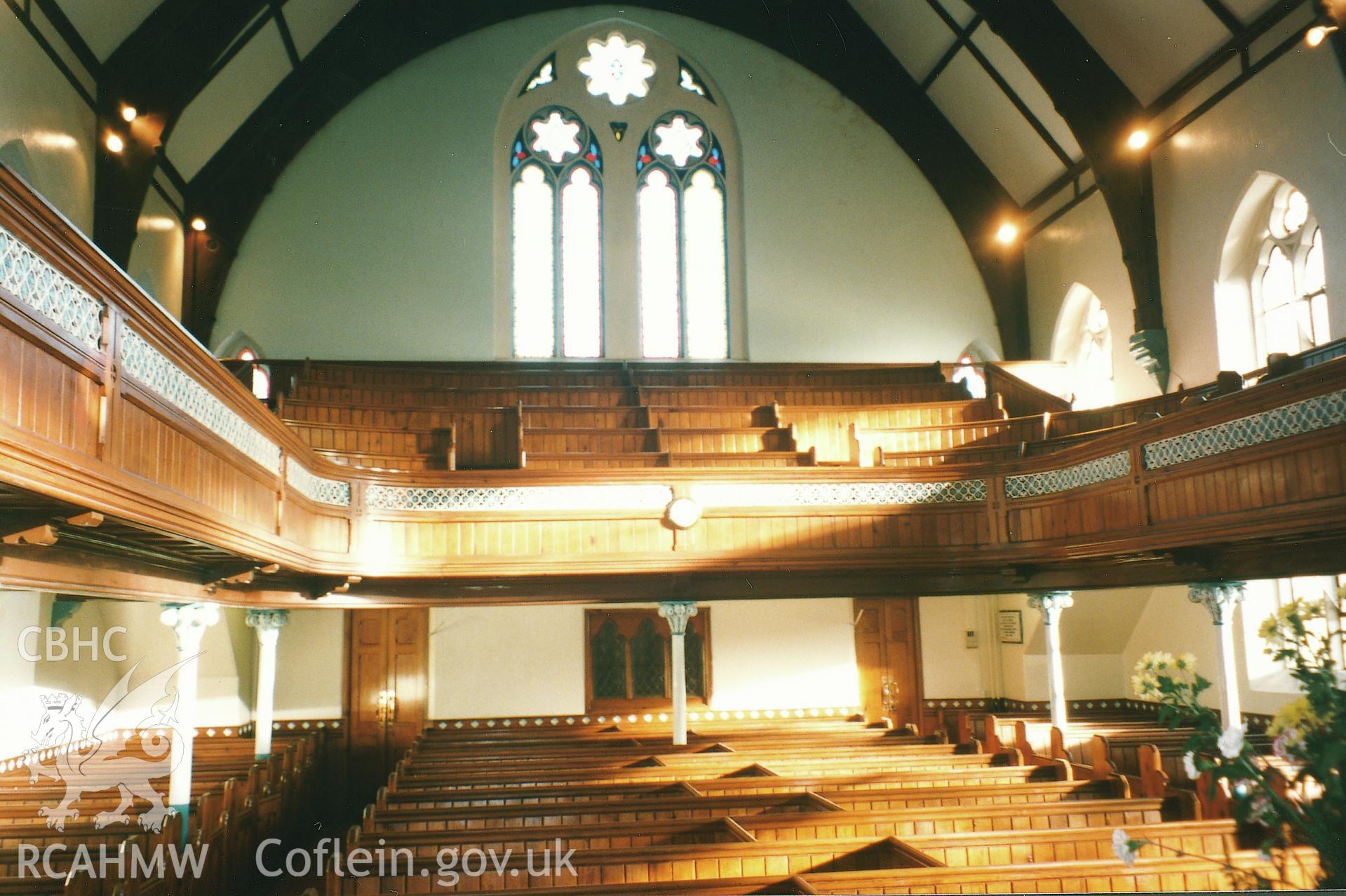 Digital copy of a colour photograph showing an interior view of North Road Baptist Chapel, Milford Haven,  taken by Robert Scourfield, 1995.