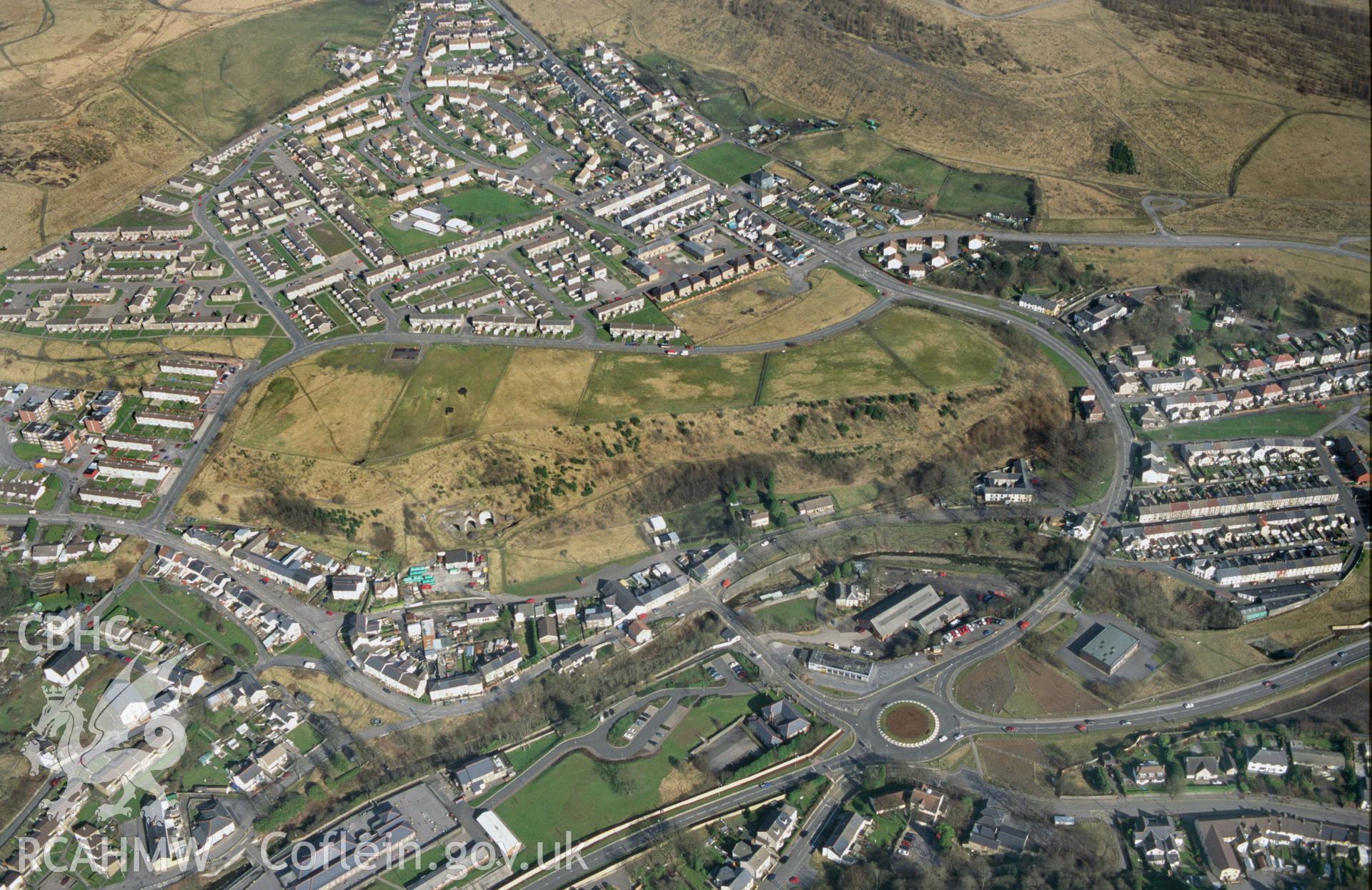 RCAHMW colour slide oblique aerial photograph of Sirhowy Ironworks, Tredegar, taken on 15/03/1999 by Toby Driver