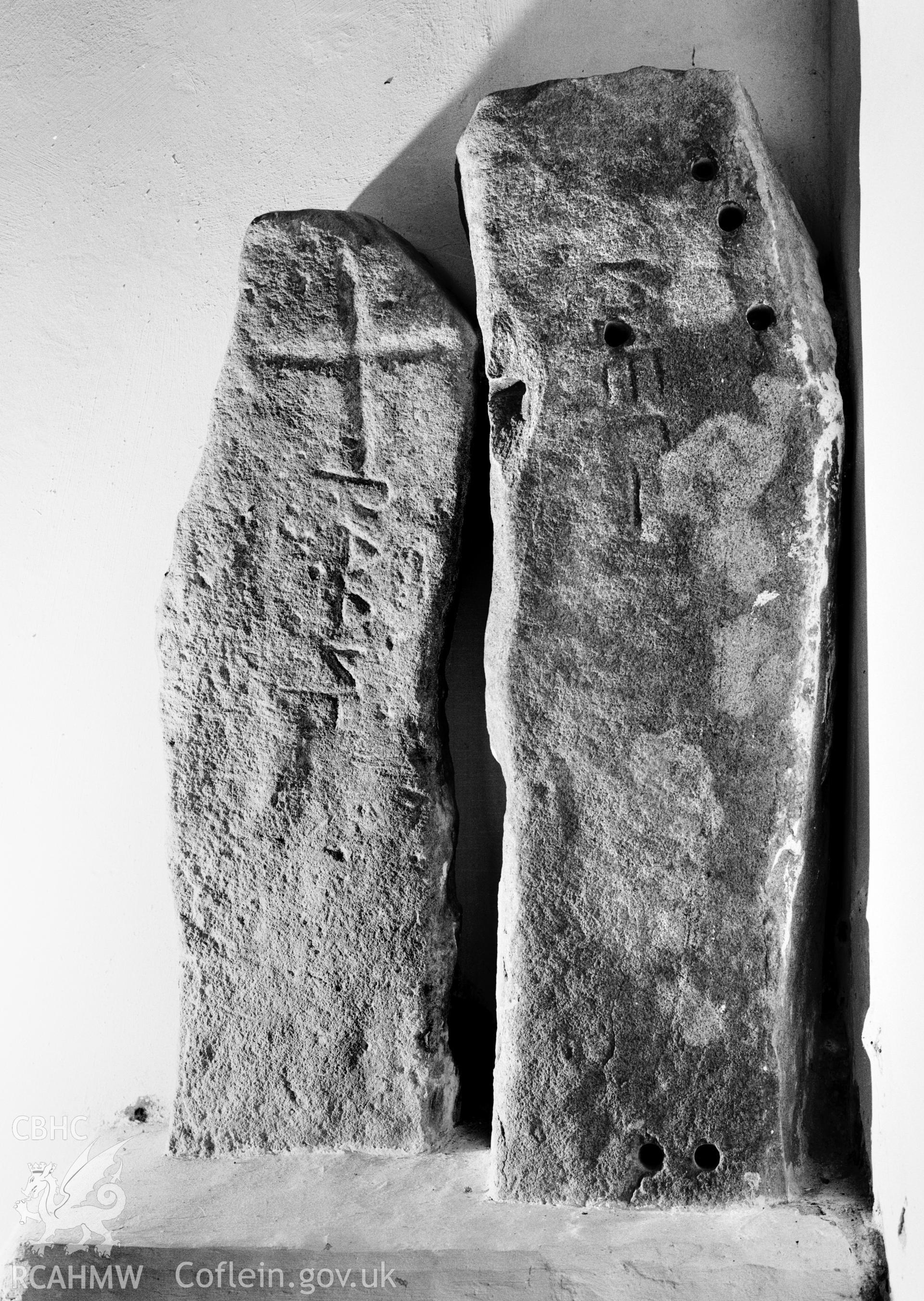 Early Christian monument In St Non's Chapel, Pembrokeshire; one black and white photographs produced by  Iain Wright for the proposed Early Christian Monuments publication.