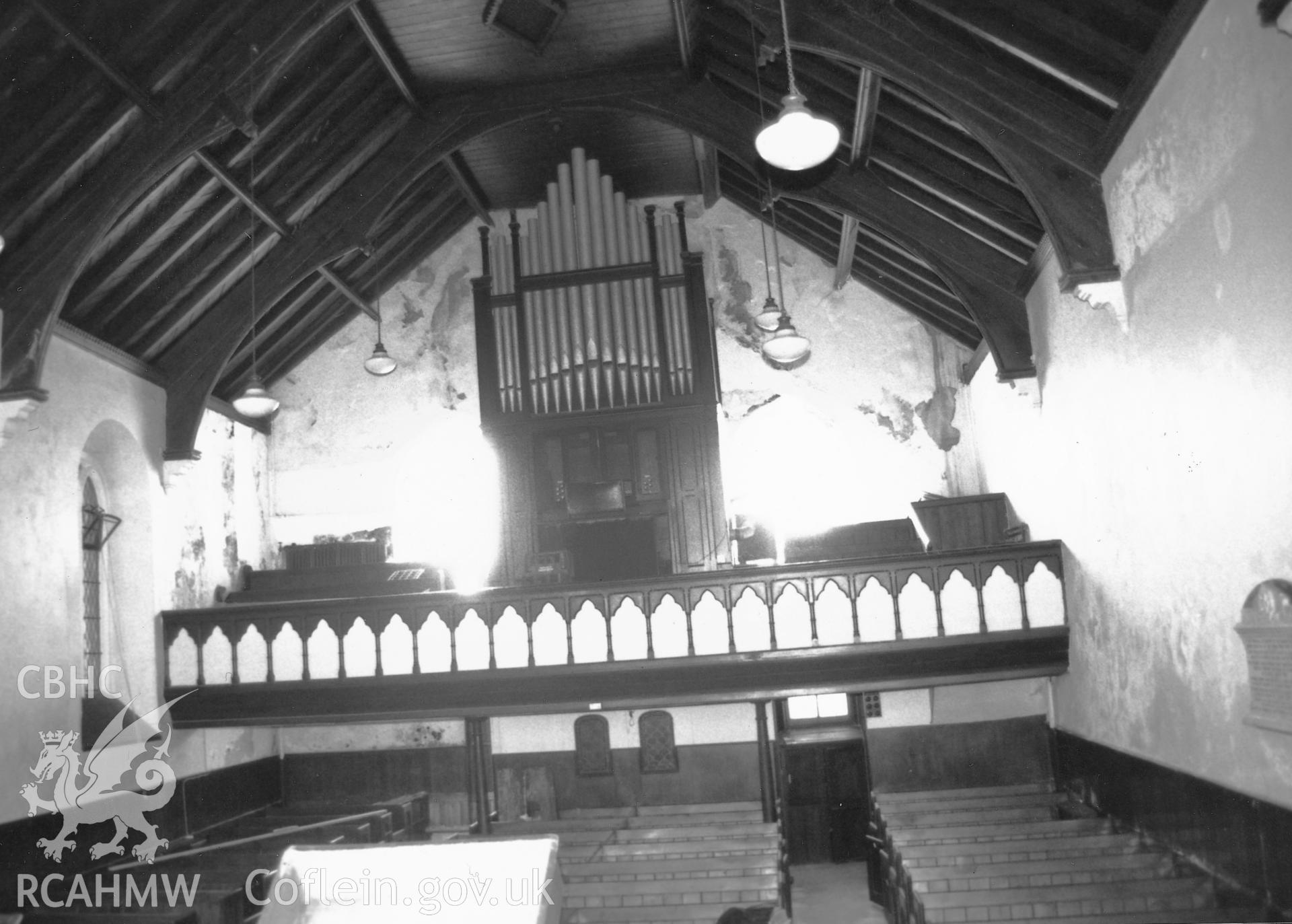 Digital copy of a black and white photograph showing an interior view of Tabernacle Congregational Chapel, Tenby, taken by Robert Scourfield, 1995.