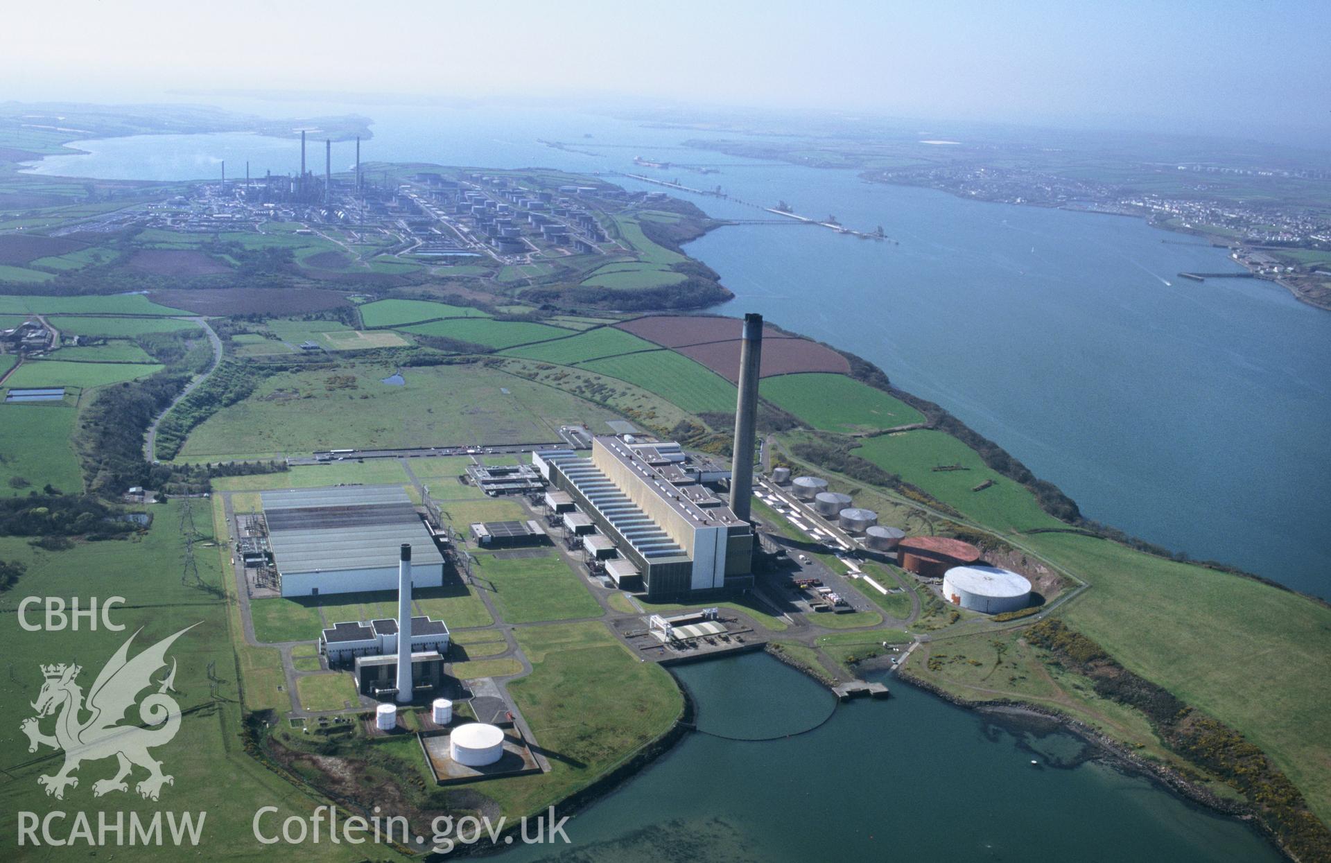 RCAHMW colour oblique aerial photograph of Pembroke oil fired power station. Taken by C R Musson on 13/04/1995