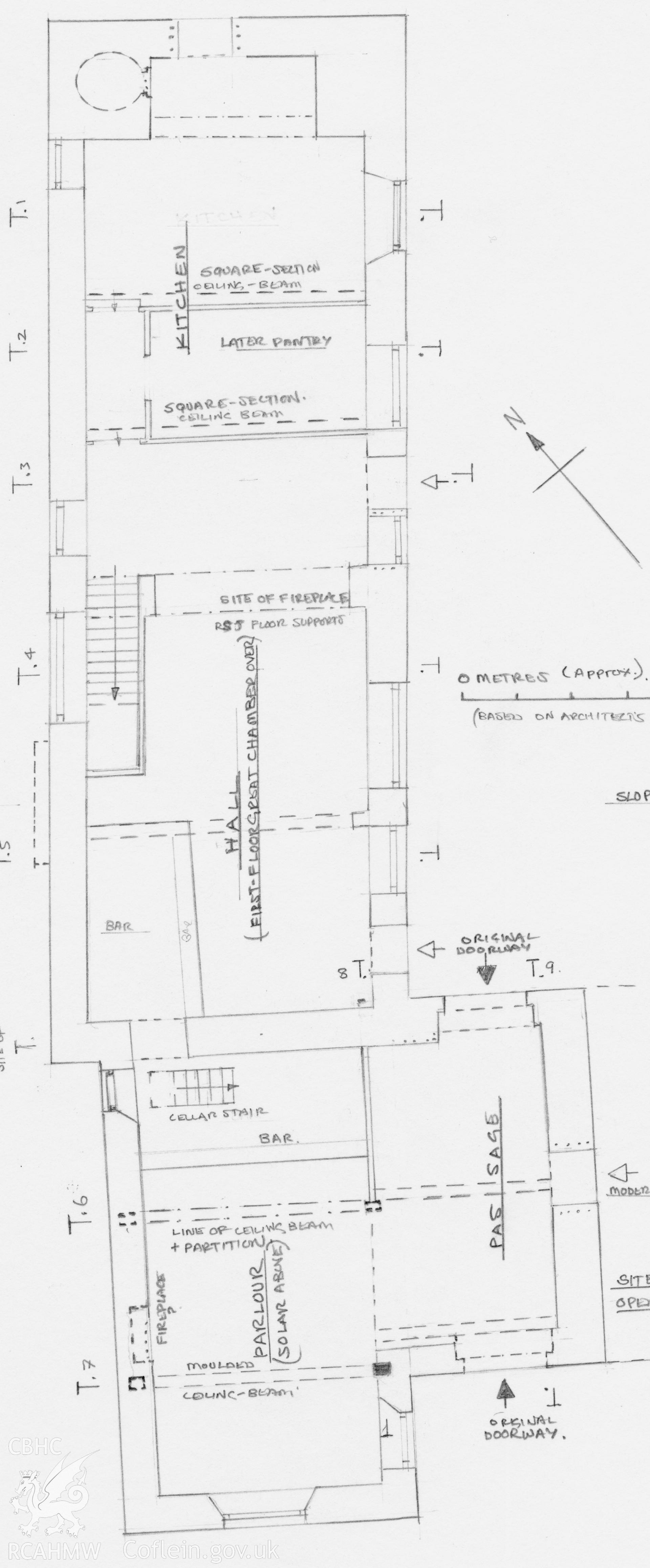 Digitised ground floor sketch plan from a hand survey of the Plough Inn, Denbigh, carried out by Geoff ward, 2003.