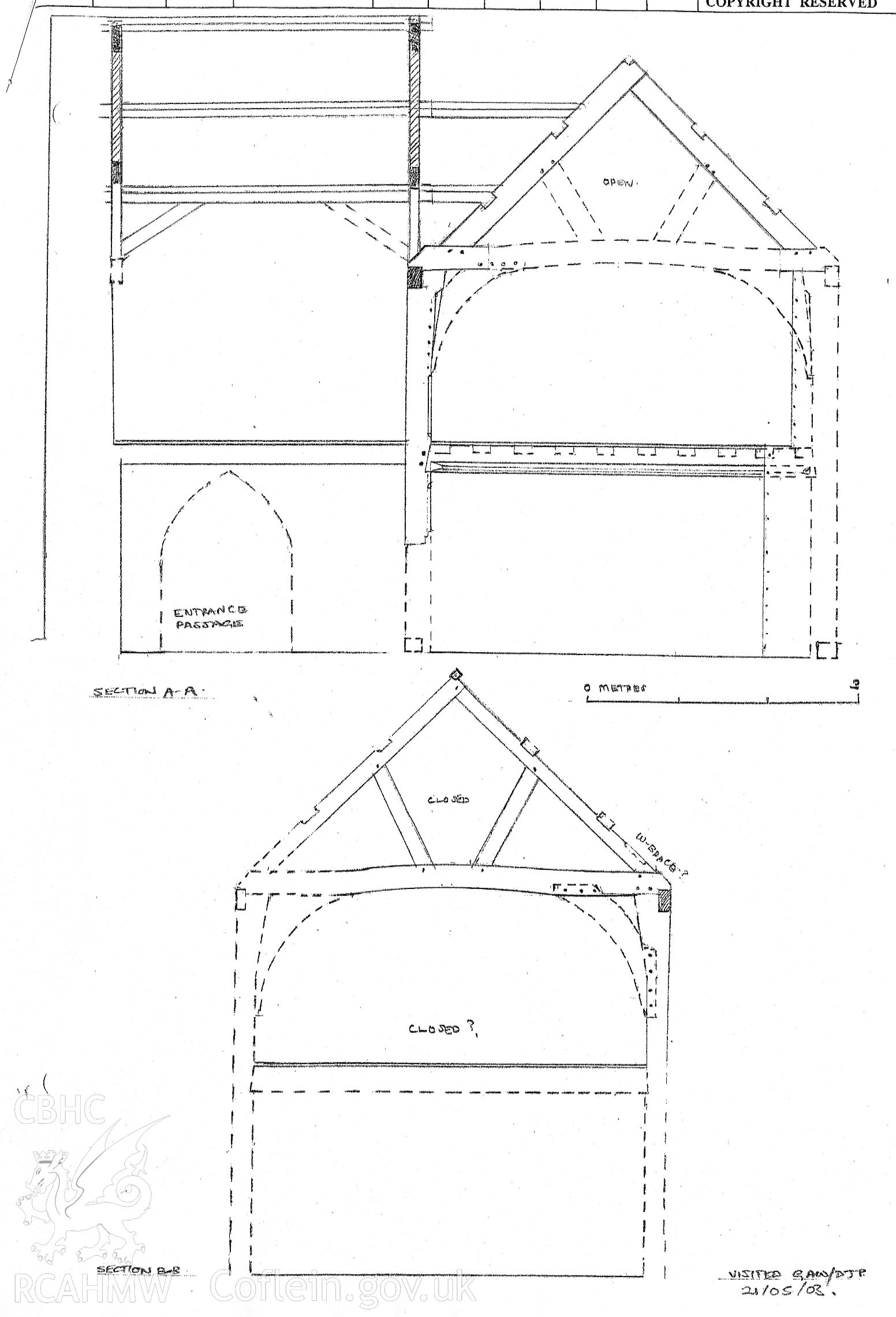 Digitised sketch cross-sections from a hand survey of the Plough Inn, Denbigh, carried out by Geoff Ward, 2003.