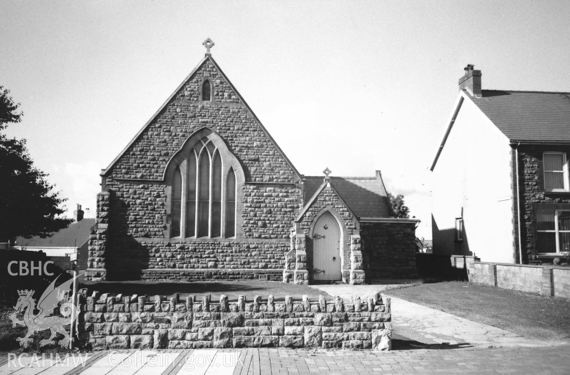 Digital copy of a black and white photograph showing general view of Old Wesleyan Methodist Chapel, Narberth, taken by Robert Scourfield, 1996.