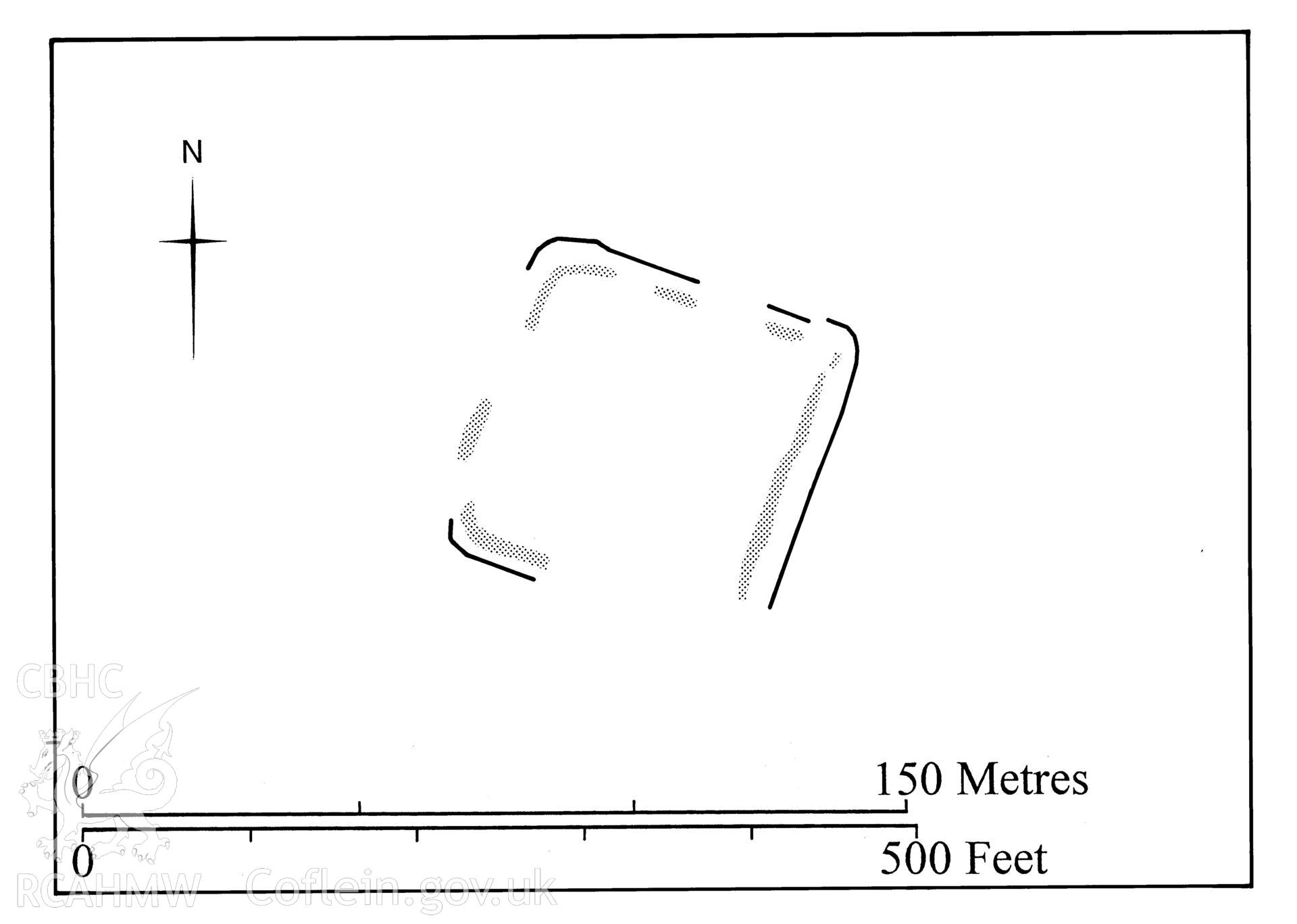 Figure 106: Paper and digitised copy of drawing of the practice camp at Stafford Common, produced for University of Wales Press publication "Roman Camps in Wales and the Marches", by J.L. Davies and R.H. Jones, Board of Celtic Studies, University of Wales.