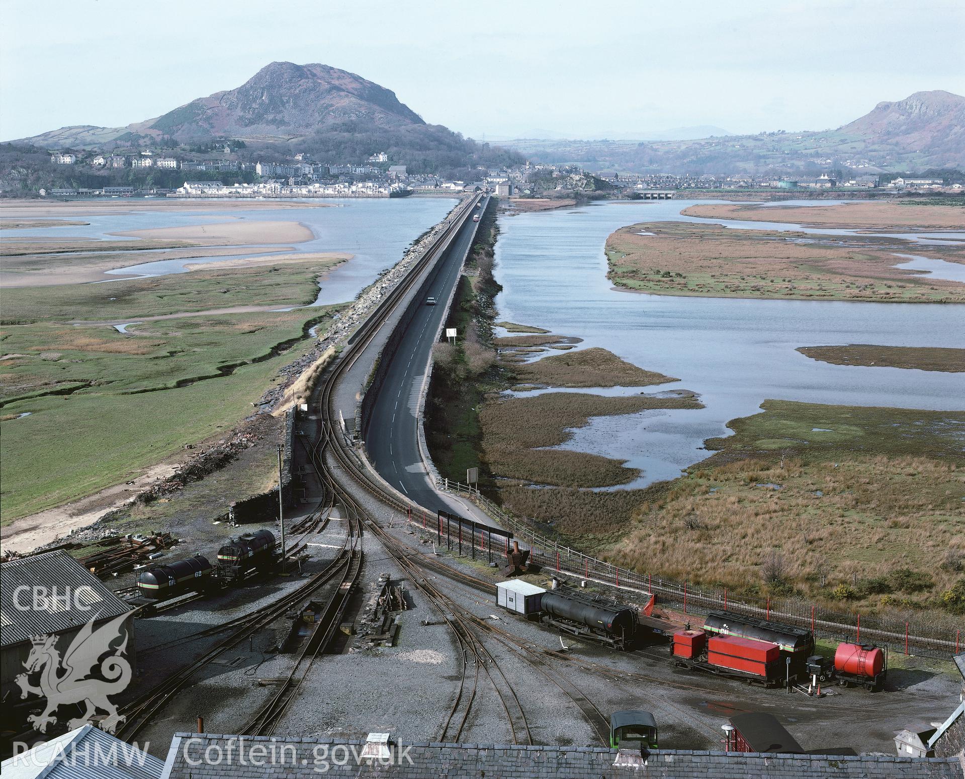RCAHMW colour transparency of the Cob, Porth Madog, showing the causeway to the Boston Works.