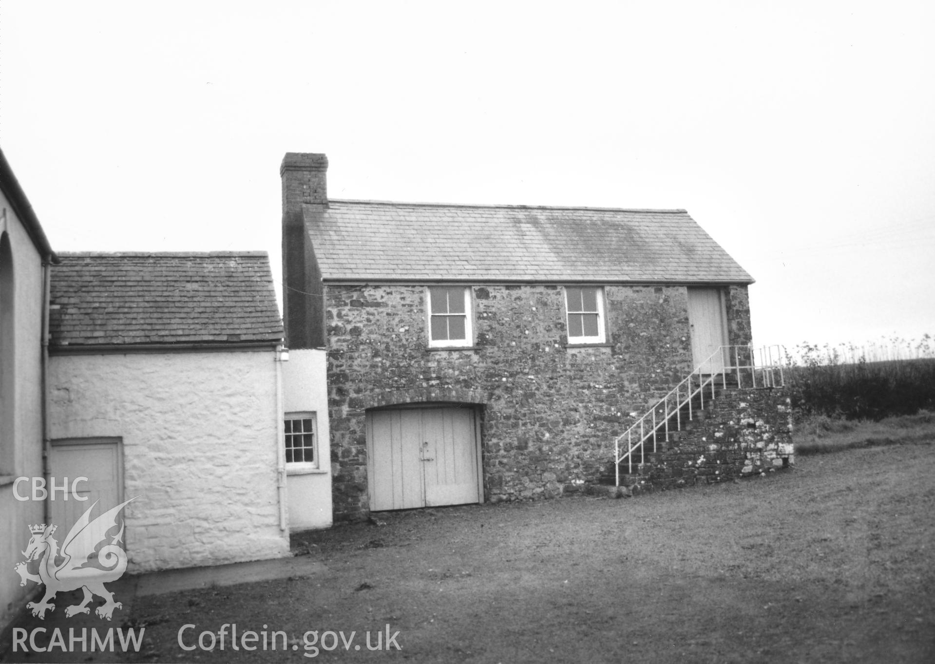Digital copy of a black and white photograph showing general view of Goshen Calvinistic Methodist Chapel,  Llawhaden, taken by Robert Scourfield, c.1996.