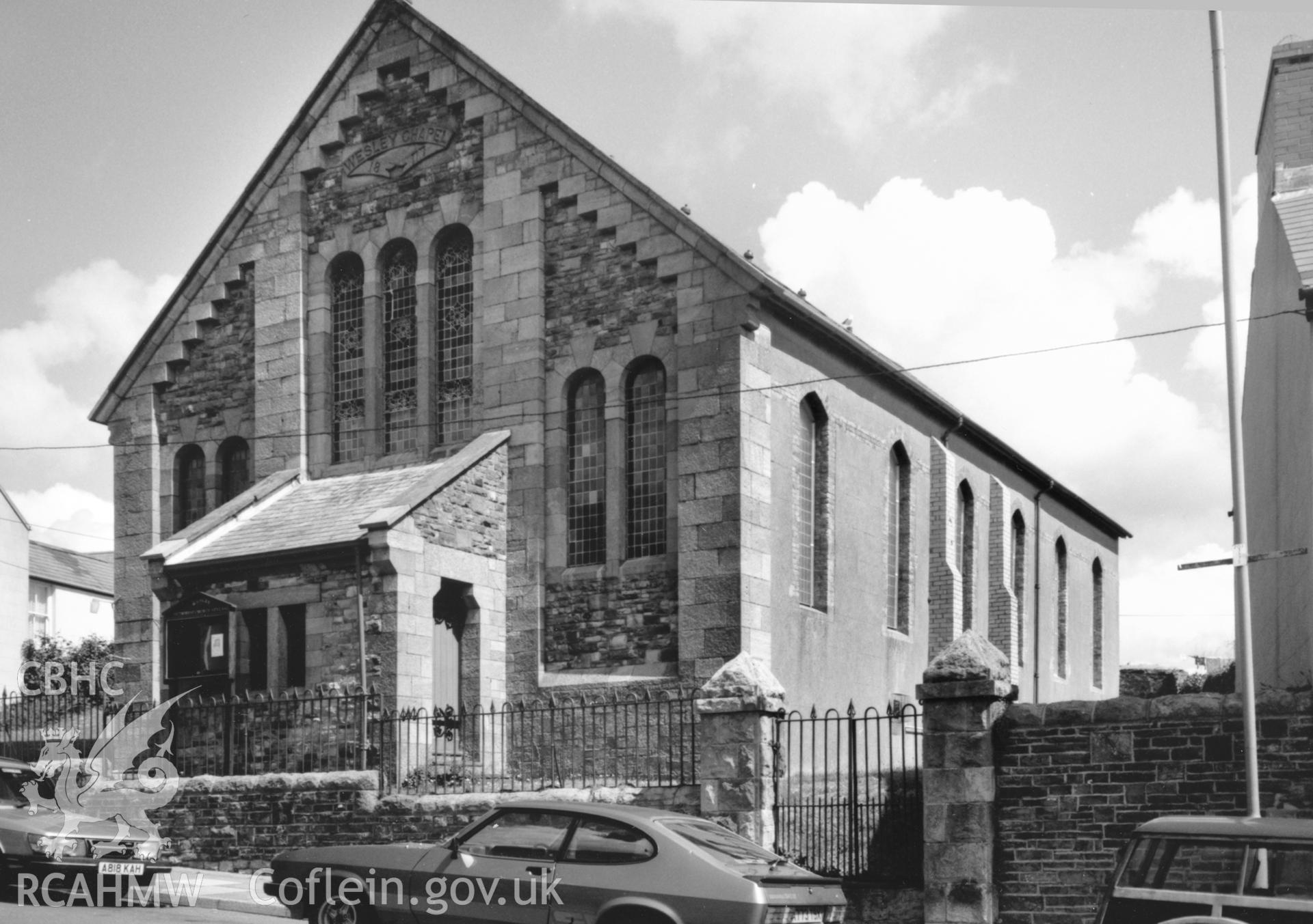 Digital copy of a black and white photograph showing an exterior view of Neyland  English Wesleyan Methodist Chapel,  taken by Robert Scourfield, 1996.