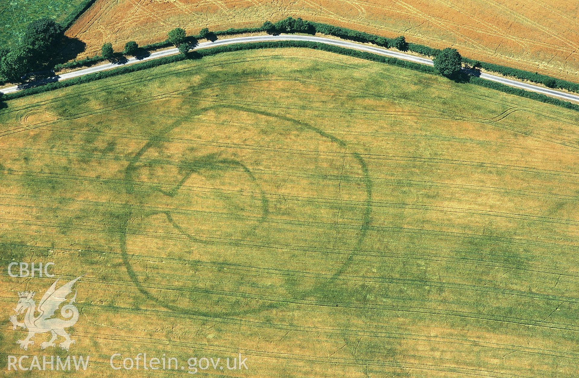 RCAHMW colour slide oblique aerial photograph of cropmark enclosure at Cawrence, Llangoedmor, taken by C.R.Musson on the 25/07/1996