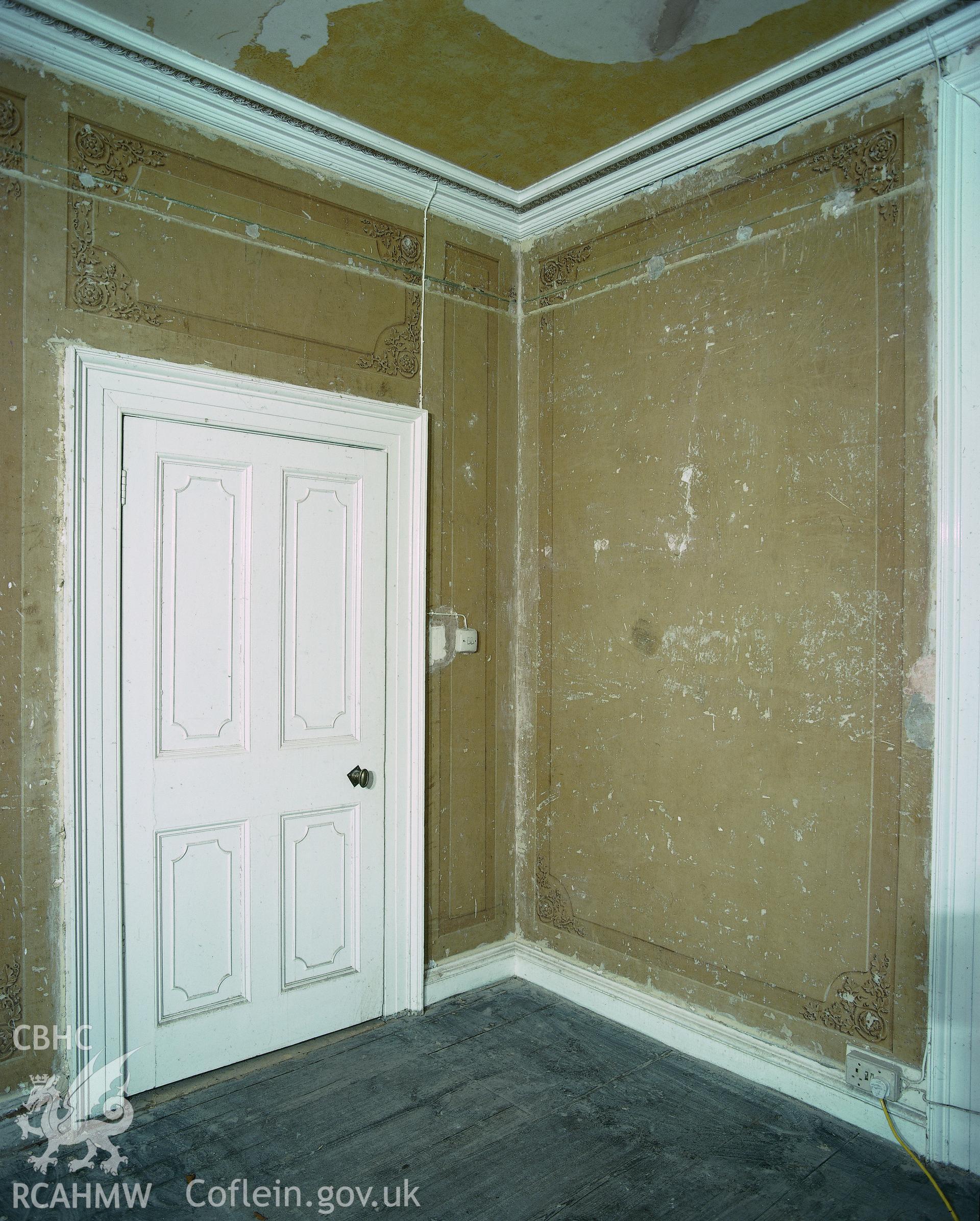 RCAHMW colour transparency showing decorative plasterwork at Rheola House, Resolven.