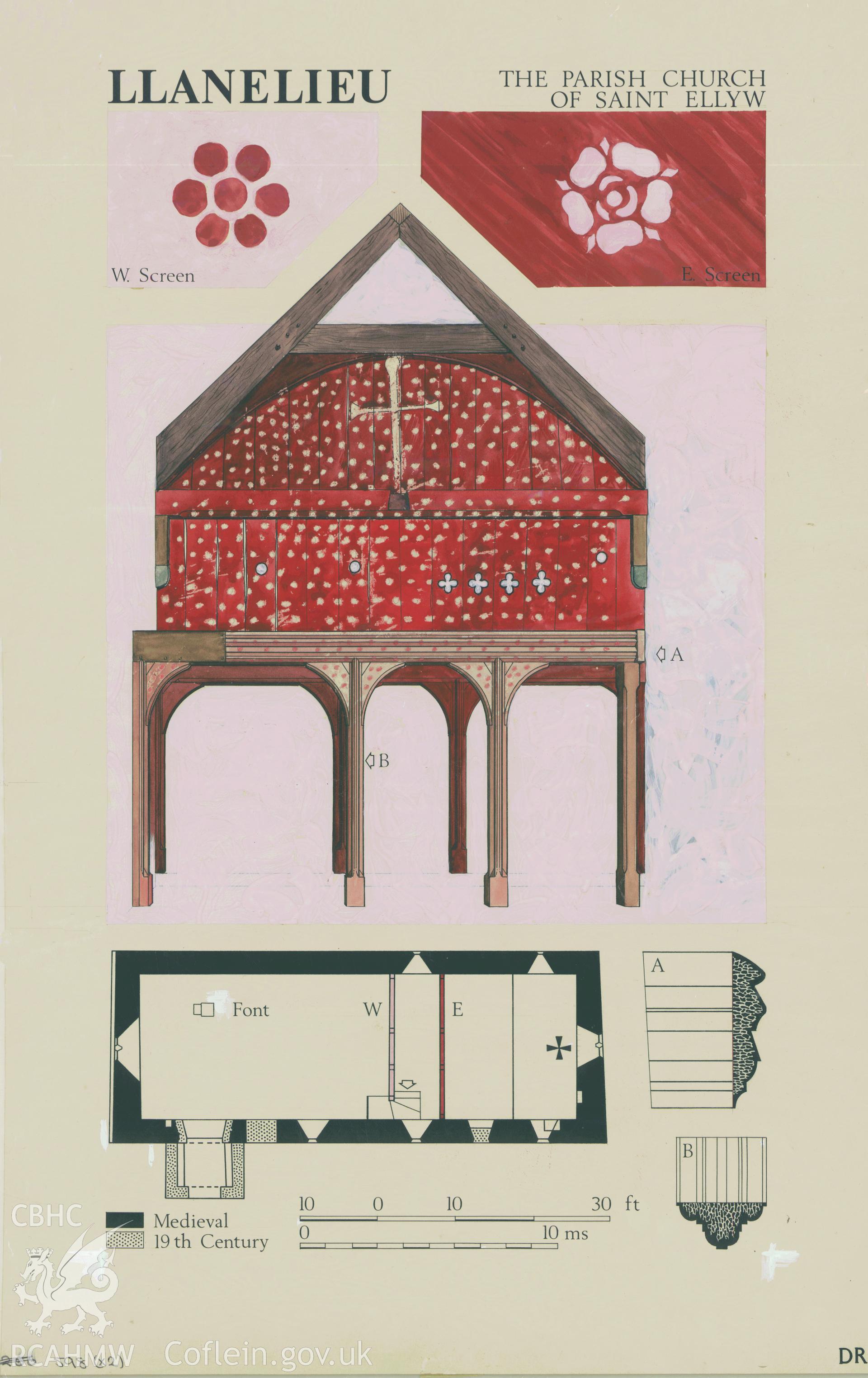 RCAHMW colour painting of painted screen in Llanelieu Church, Breconshire, with floor plan.