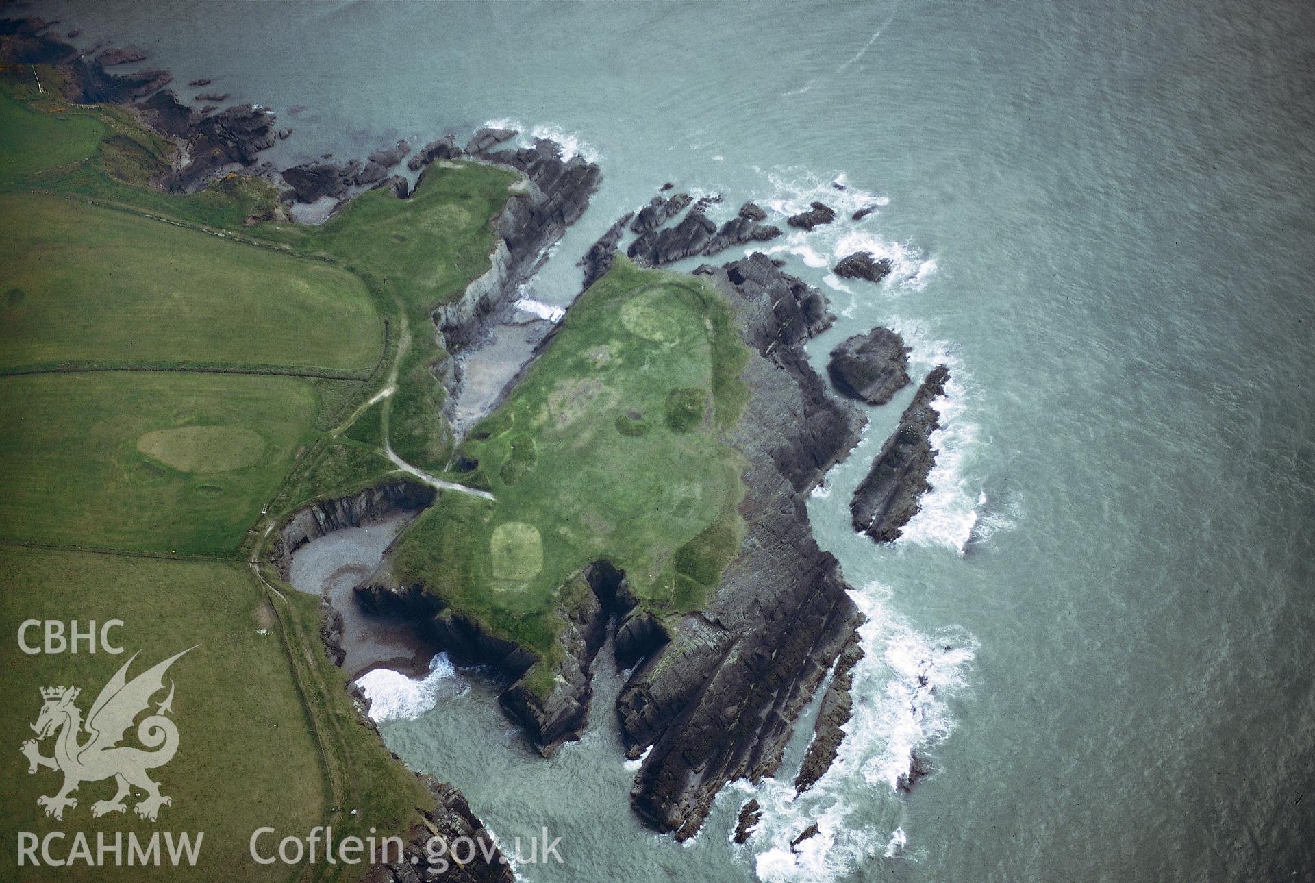 Slide of RCAHMW colour oblique aerial photograph showing limekilns at Craig y Gwbert, Y Ferwig,  taken by Toby Driver, 1999.