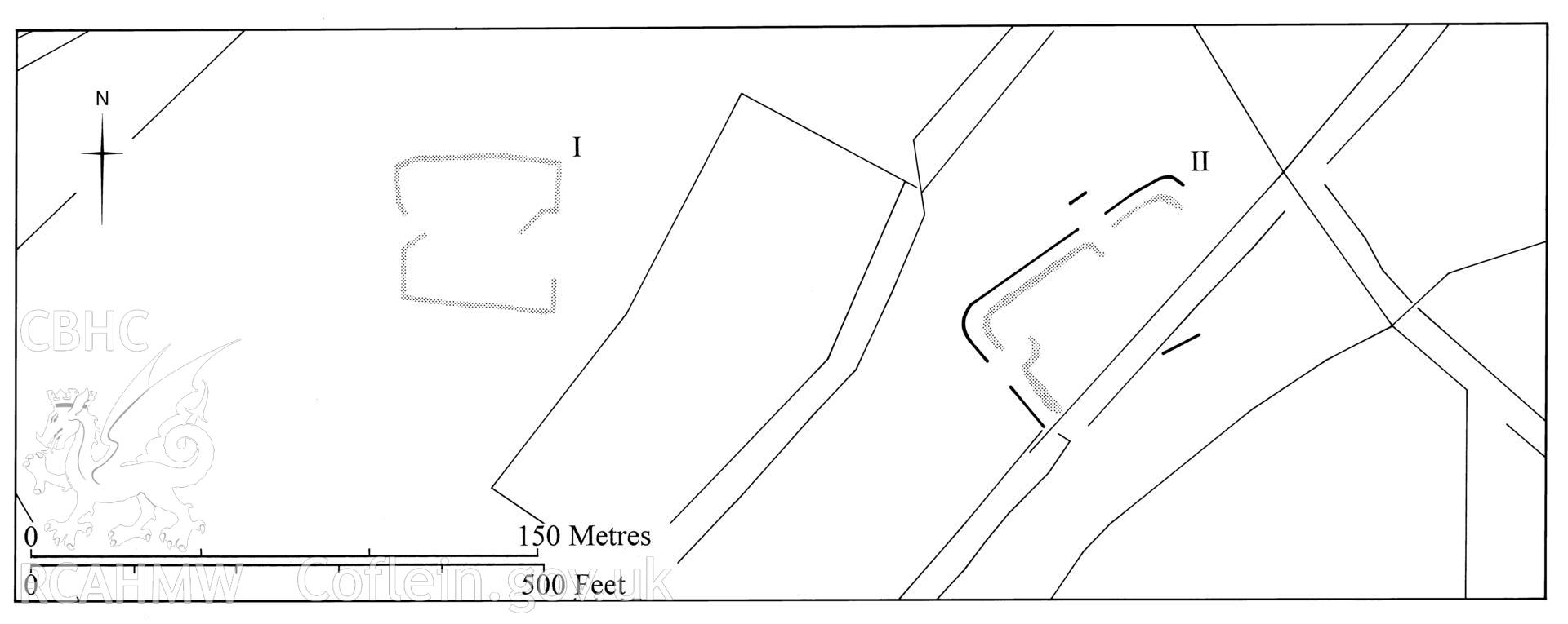 Figure 120: Paper and digitised copy of drawing of the Rhyd Sarn practice camps I and II, produced for University of Wales Press publication "Roman Camps in Wales and the Marches", by J.L. Davies and R.H. Jones, Board of Celtic Studies, University of Wales.