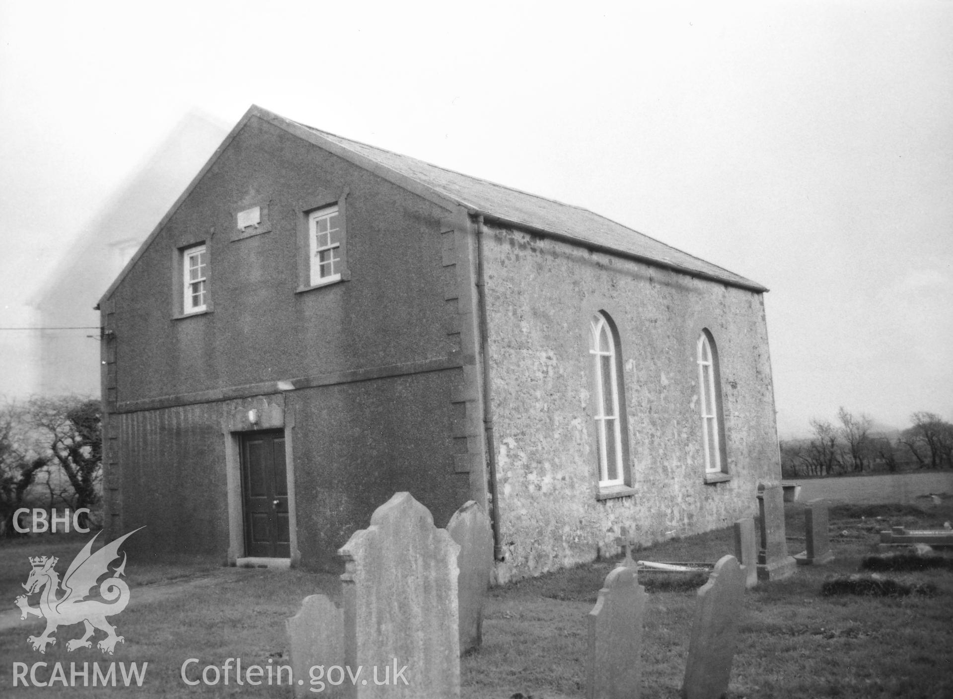 Digital copy of a black and white photograph showing general view of Horeb Independent Chapel,  Martletwy, taken by Robert Scourfield, c.1996.