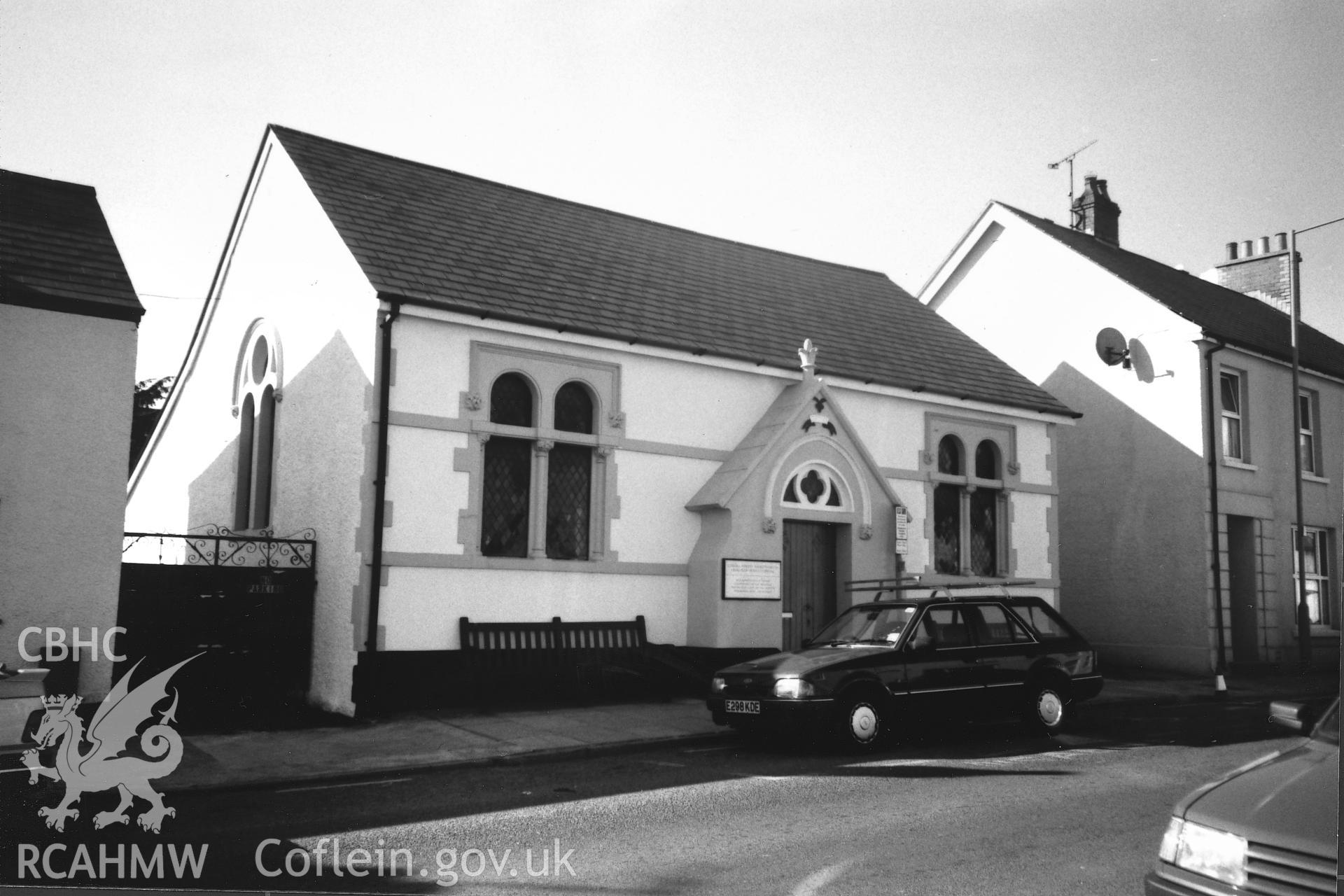 Digital copy of a black and white photograph showing general view of Wesleyan Methodist Chapel, Sheep Street, Narberth, taken by Robert Scourfield, c.1996.