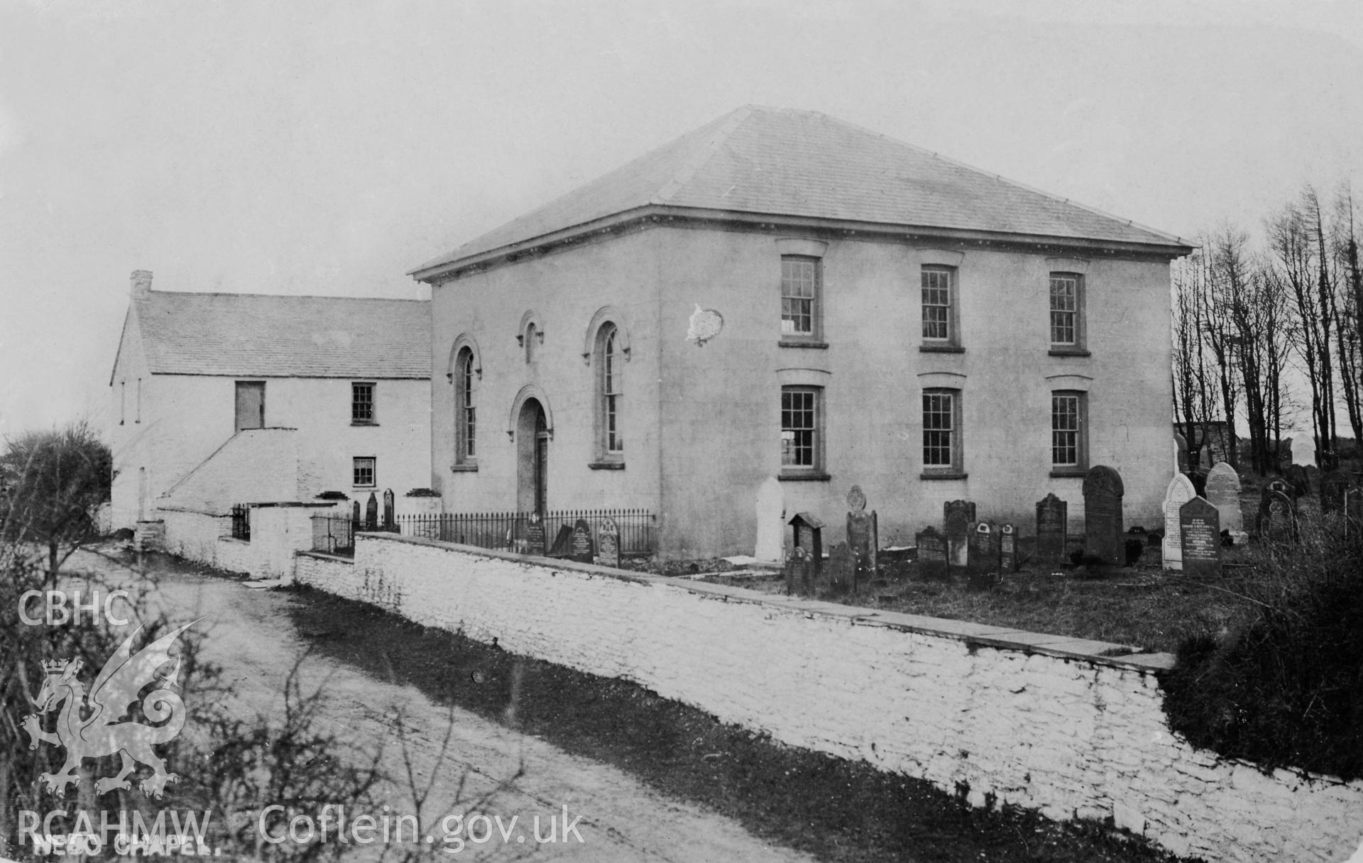 Nebo Chapel, Efailwen, Carmarthenshire; B&W print copied from an undated postcard  loaned for copying by Thomas Lloyd.  Copy negative held.