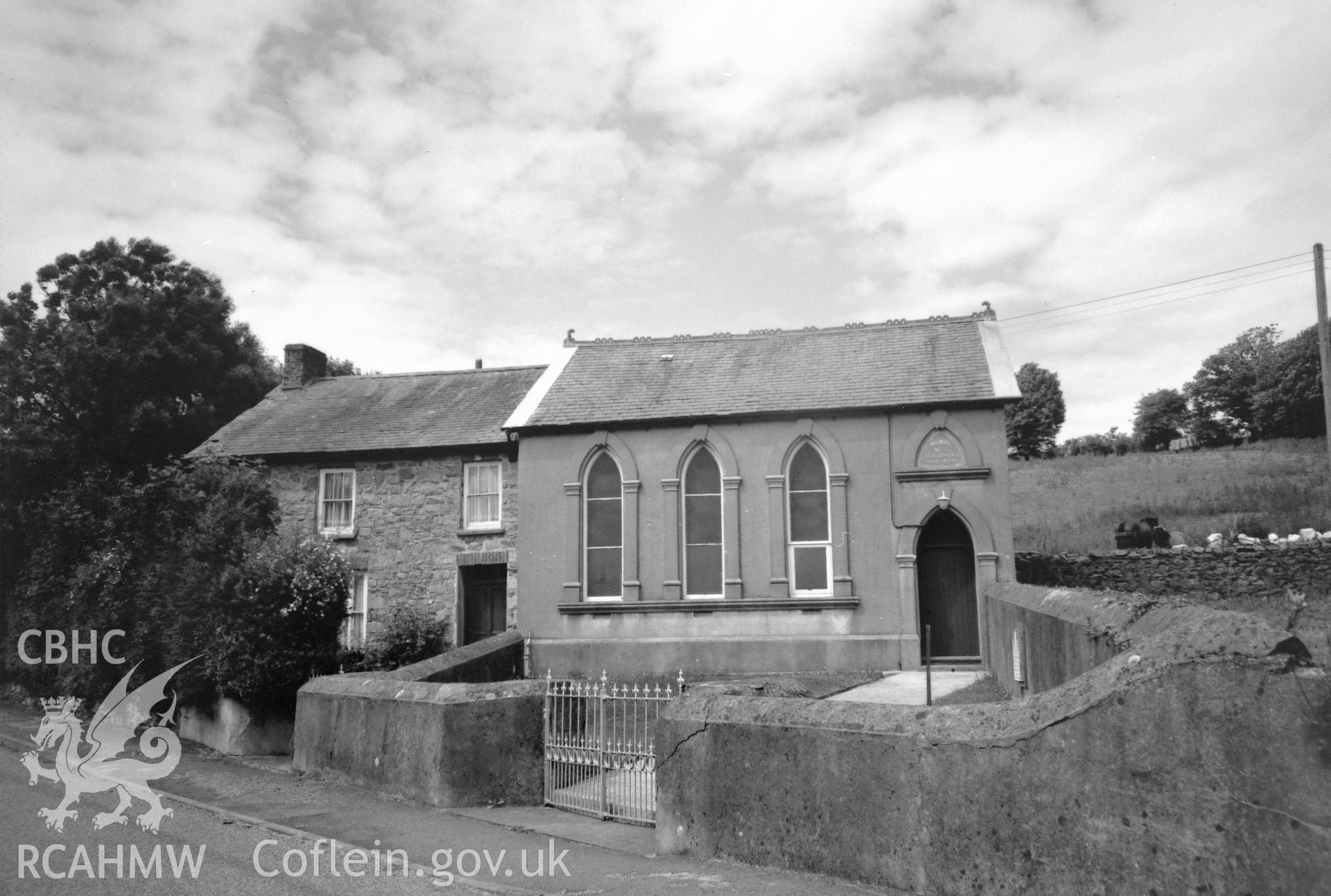 Digital copy of a black and white photograph showing a general view of Mamre Chapel, Trecwn, taken by Robert Scourfield, 1996.