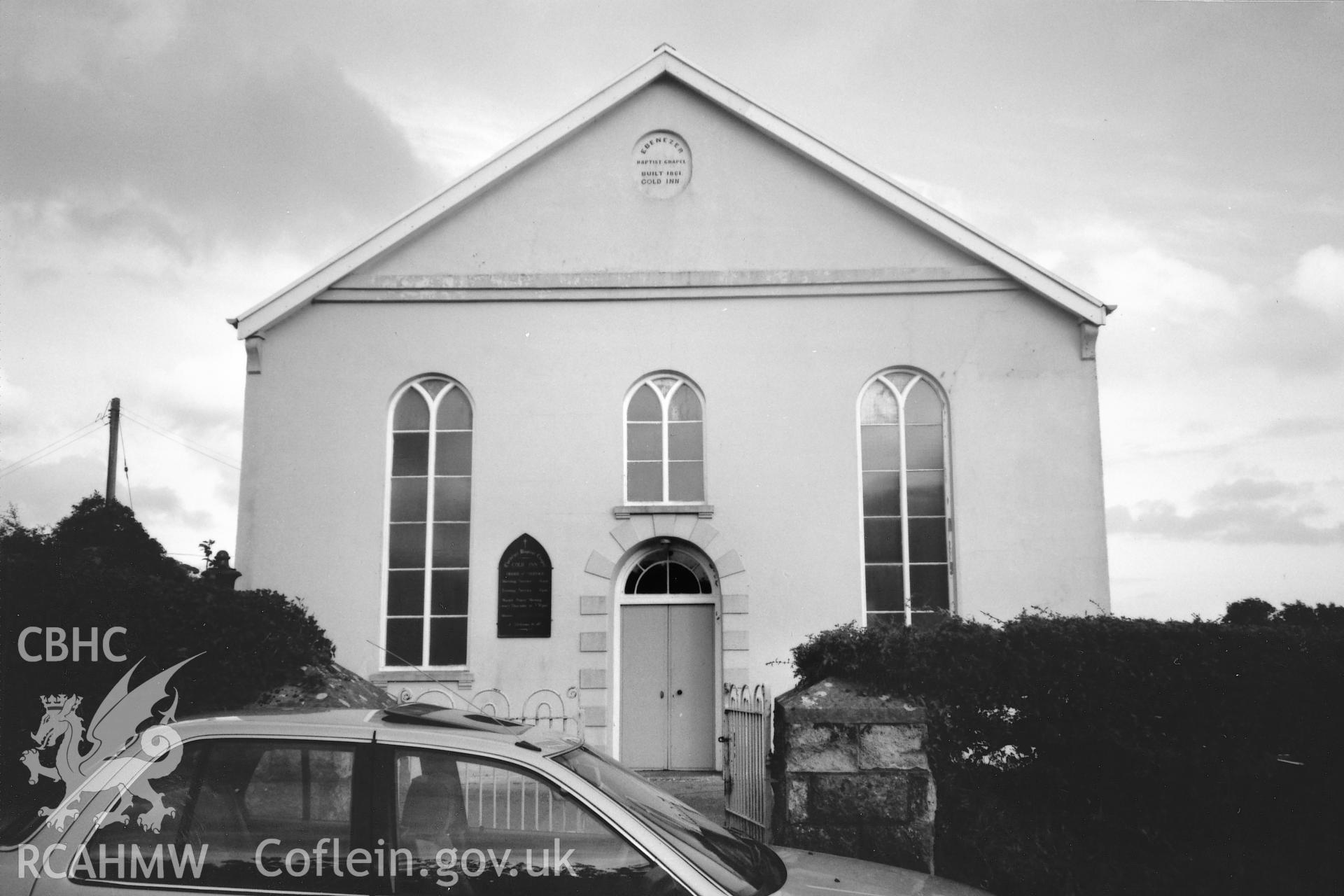 Digital copy of a black and white photograph showing a general view of Ebenezer Baptist Chapel, Cold Inn, taken by Robert Scourfield, 1996.