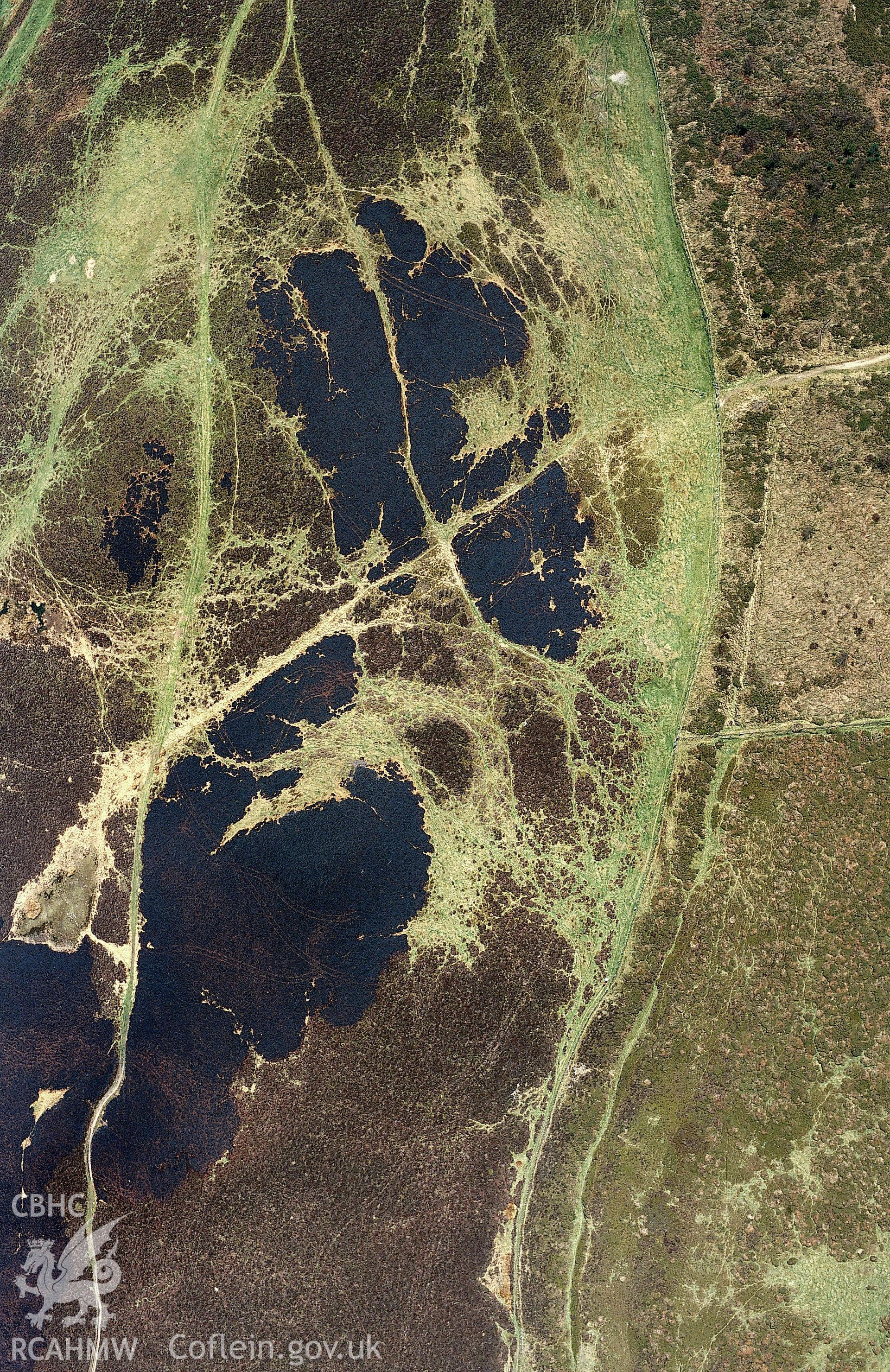 RCAHMW colour slide aerial photograph of Penycloddiau, hillfort, following bracken burn off. Taken by Toby Driver on 08/04/2003.