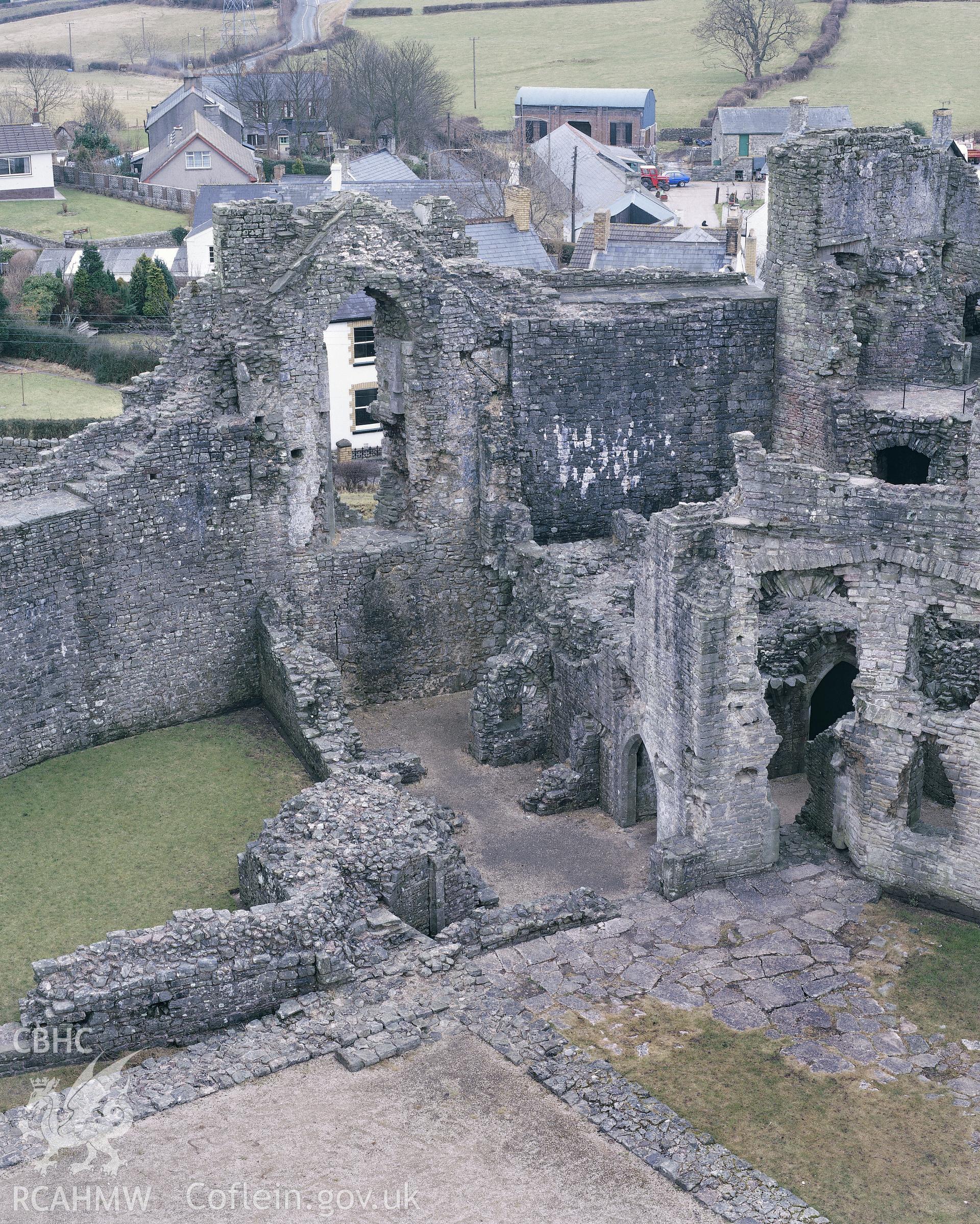 RCAHMW colour transparency showing view of Coity Castle from a high viewpoint