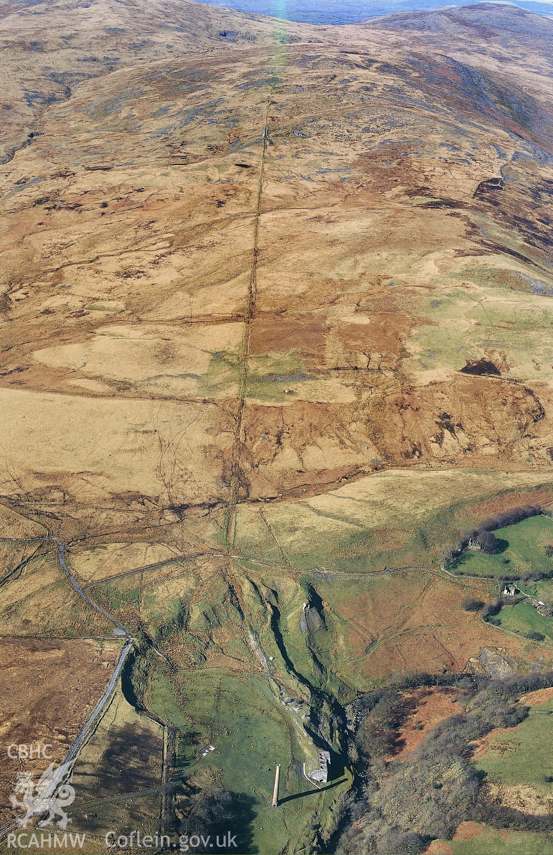 Slide of RCAHMW colour oblique aerial photograph of dismantled tramway at Cefn Carn Fadog,  taken by Chris Musson, 1995