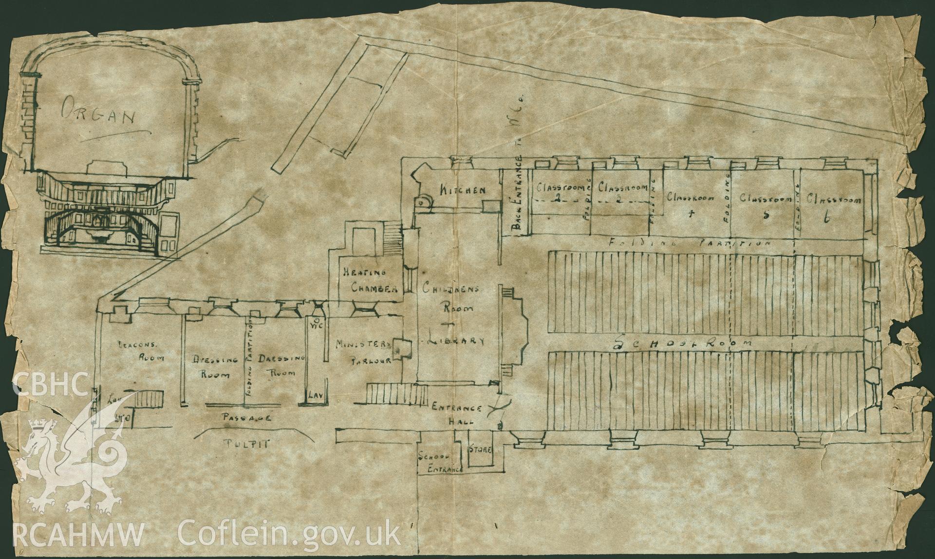 Digitized copy of a pen and ink drawing showing plan of library dressing room and organ at Bethania Chapel, Maesteg. Part of a collection of material relating to Bethania Chapel, Maesteg, loaned for copying by the Welsh Religious Buildings Trust. The original collection is held by the Glamorgan Record Office.