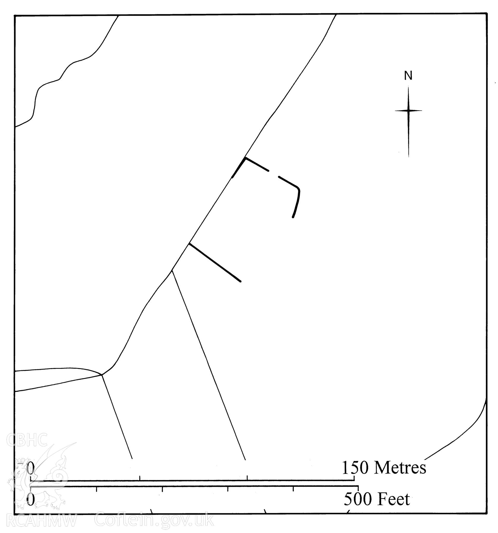 Figure 115: Paper and digitised copy of drawing of the practice camp at Llwyn-crwn, produced for University of Wales Press publication "Roman Camps in Wales and the Marches", by J.L. Davies and R.H. Jones, Board of Celtic Studies, University of Wales.