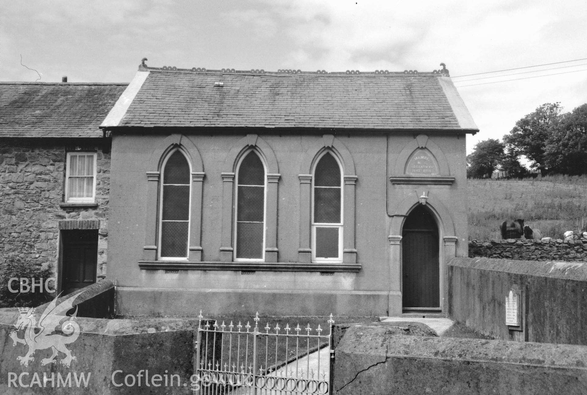 Digital copy of a black and white photograph showing a general view of Mamre Chapel, Trecwn, taken by Robert Scourfield, 1996.