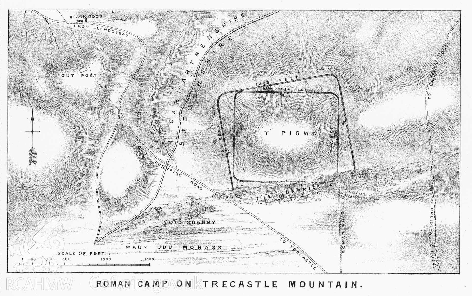 Figure 2: Paper and digitised copy of photographic copy of drawing of the two Roman marching camps at Y Pigwn made by T. Rees in 1854, reproduced for University of Wales Press publication "Roman Camps in Wales and the Marches", by J.L. Davies and R.H. Jones, Board of Celtic Studies, University of Wales.  Originally published in 'Archaeologia Cambrensis' new series Vol. V.