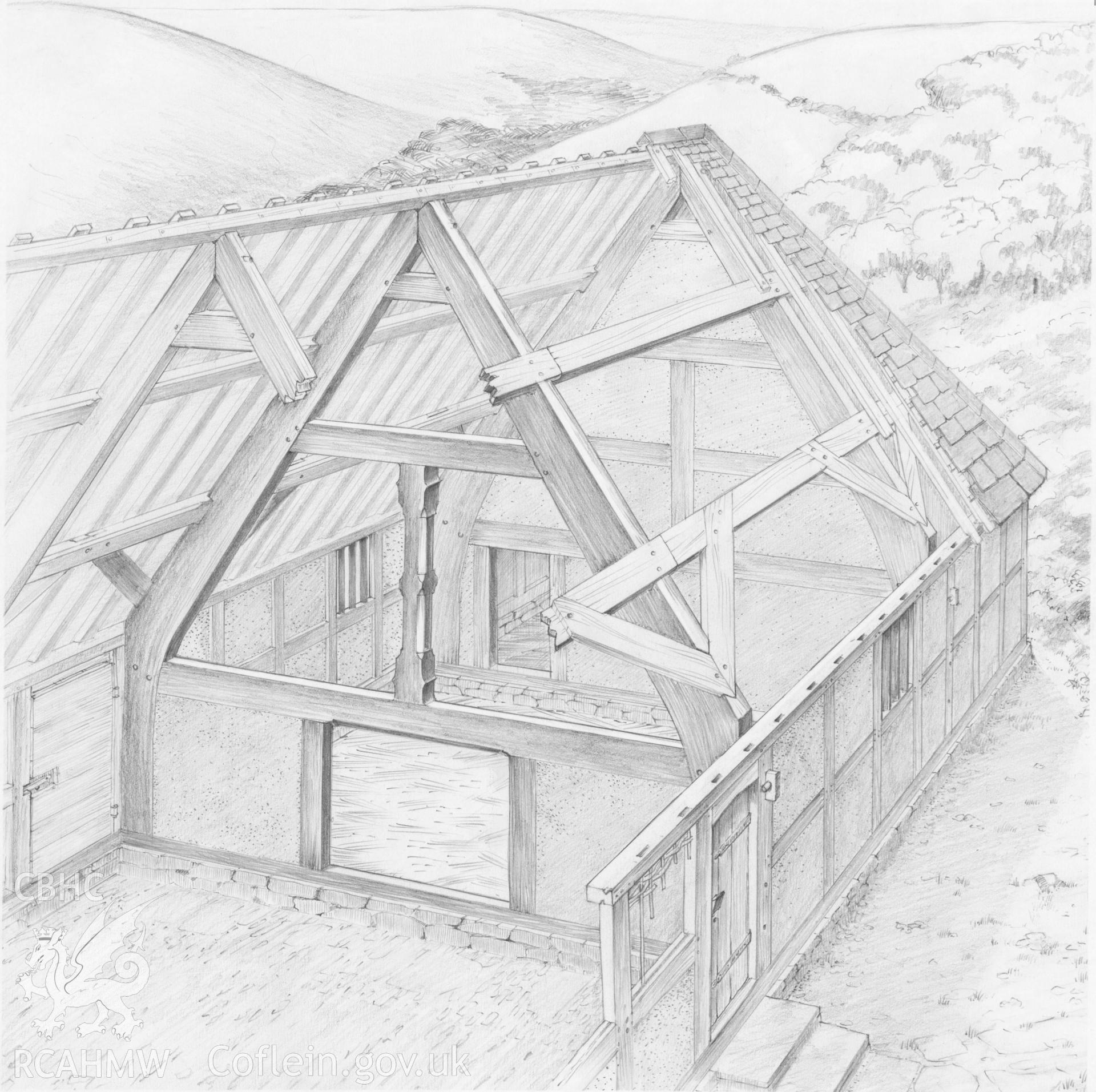 Pencil cutaway drawing of Cwmyrychen, St. Harmon, as published in the RCAHMW volume, Houses and History in the Marches of Wales. Radnorshire 1400-1800,  page 94, figure 92.