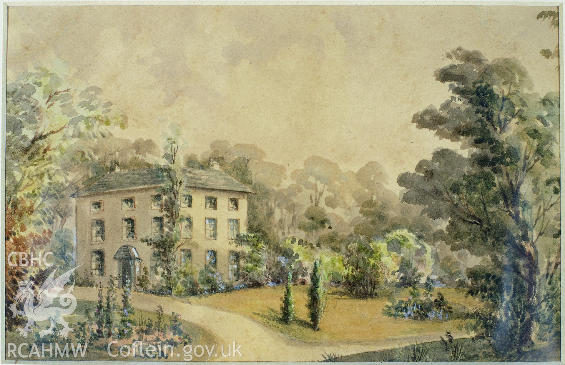 RCAHMW colour transparency showing undated painting of Adpar House, Newcastle Emlyn
