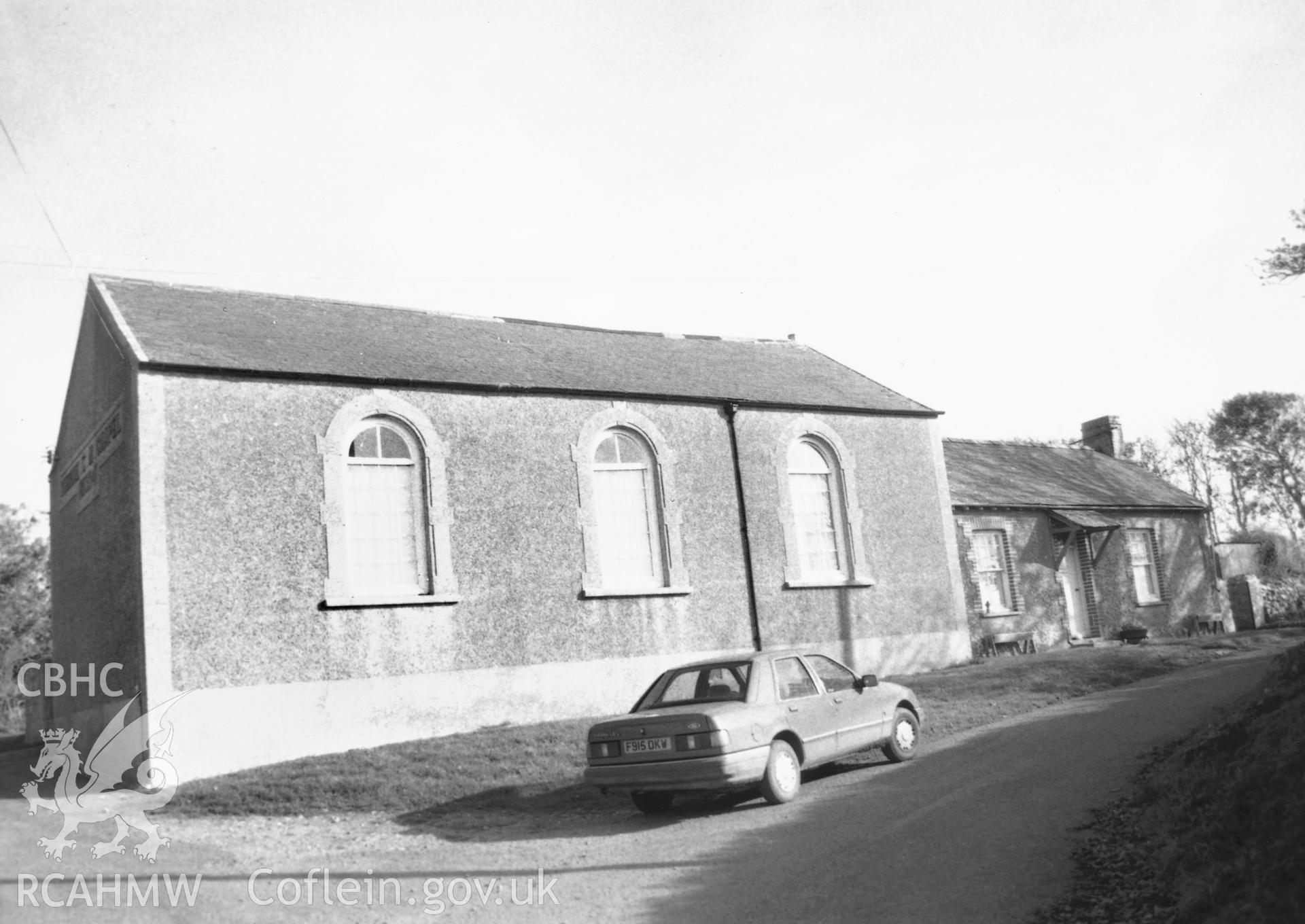 Digital copy of a black and white photograph showing general view of Thorne Calvinistic Methodist Chapel,  Merrion, taken by Robert Scourfield, c.1996.